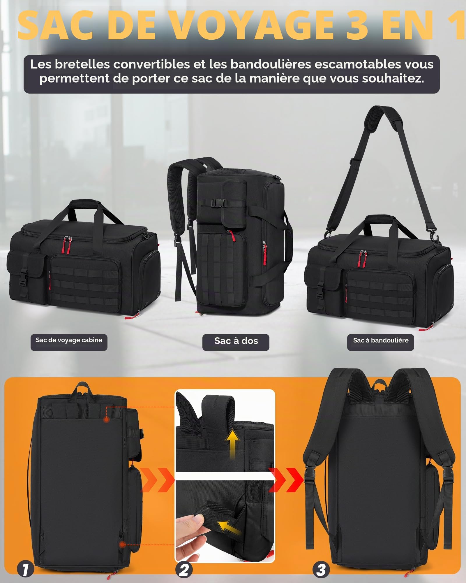 RAINSMORE 3 en 1 Sac de Sport Homme 45L Sacs de Voyage Sac de Weekend | Sac Cabine Bagage avec Fonction Sac à Dos 45L avec Compartiments Chaussures et Ordinateur Portable