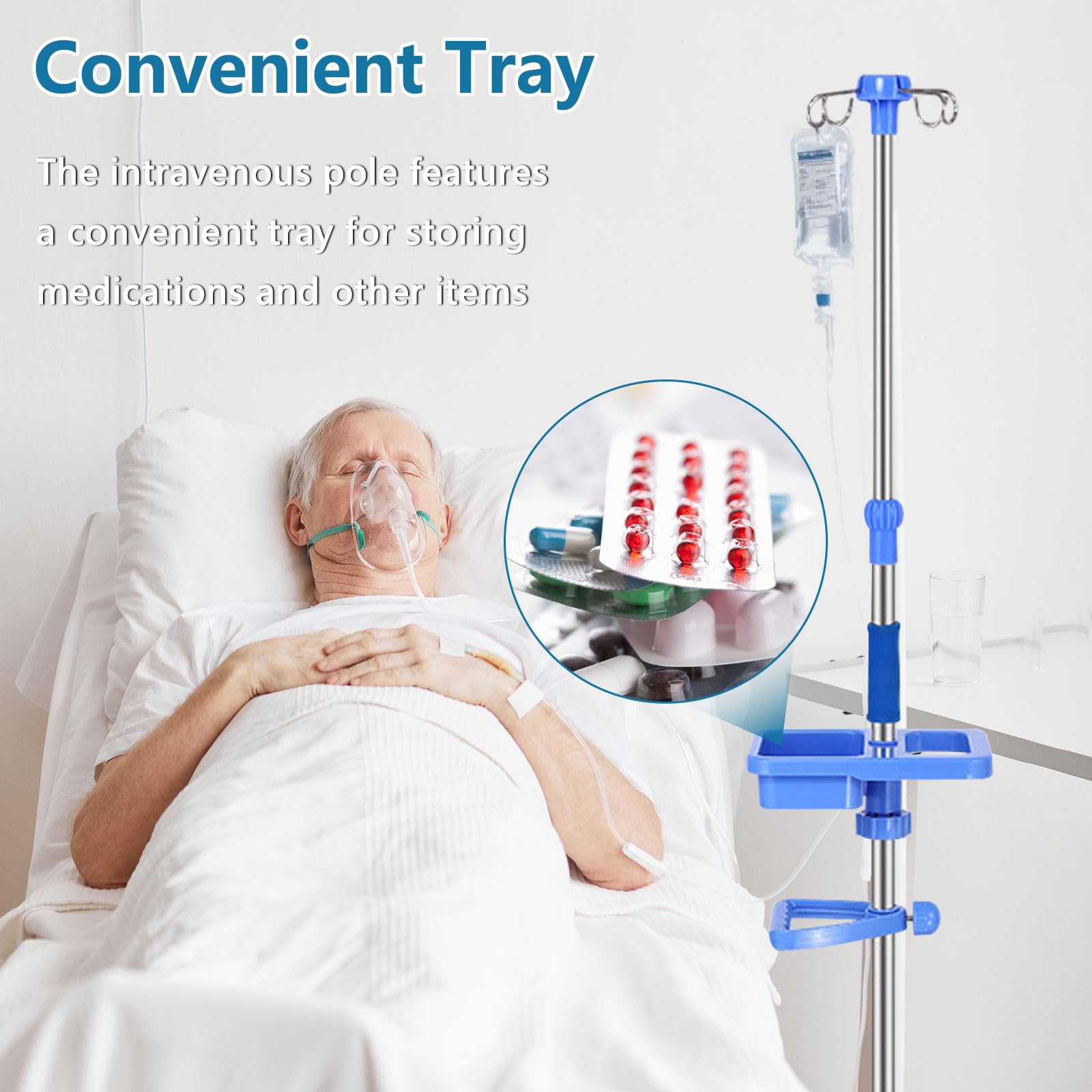 Soporte de infusión con 4 ganchos, soporte IV portátil con 5 ruedas y compartimento de almacenamiento, altura ajustable, cubiertos de acero inoxidable con 4 bolsas IV para hospitales y cuidados en el