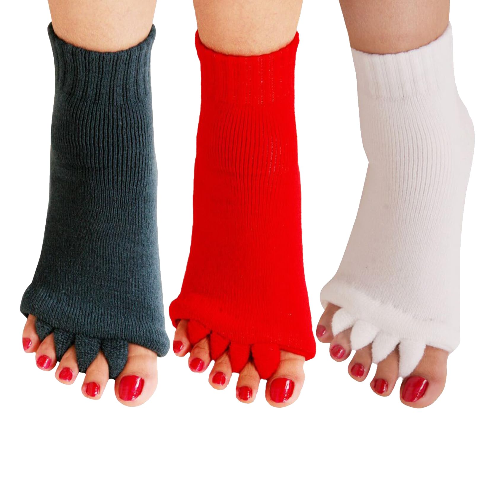 Yoga Sports GYM Five Toe Separator Socks Alignment Pain Health Massage Socks, Prevent Foot Cramps, One Pair, 3pairs(white/Red/Grey), One size