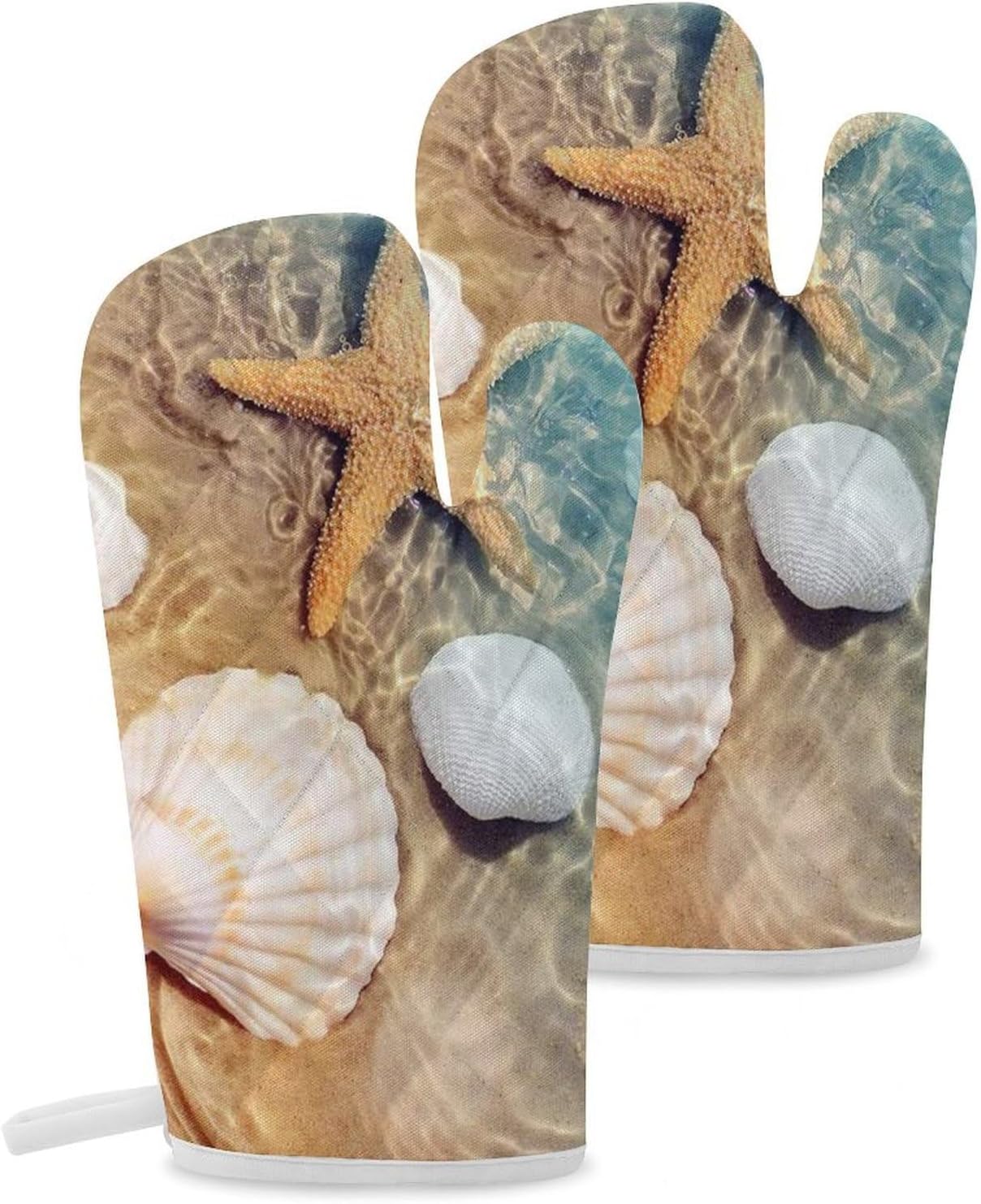 2 Pcs Oven Mitts Heat Resistant Kitchen Gloves Soft Safety Seashell Starfish on Beach Oven Glove for Microwave, Barbecue
