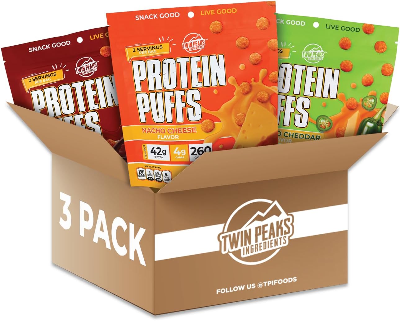 Twin Peaks Ingredients Low Carb, Keto Friendly Protein Puffs, (Variety Pack, 2.1 Ounce), 2 Servings, 3 Pack (60g, 42g Protein, 4g Carbs)