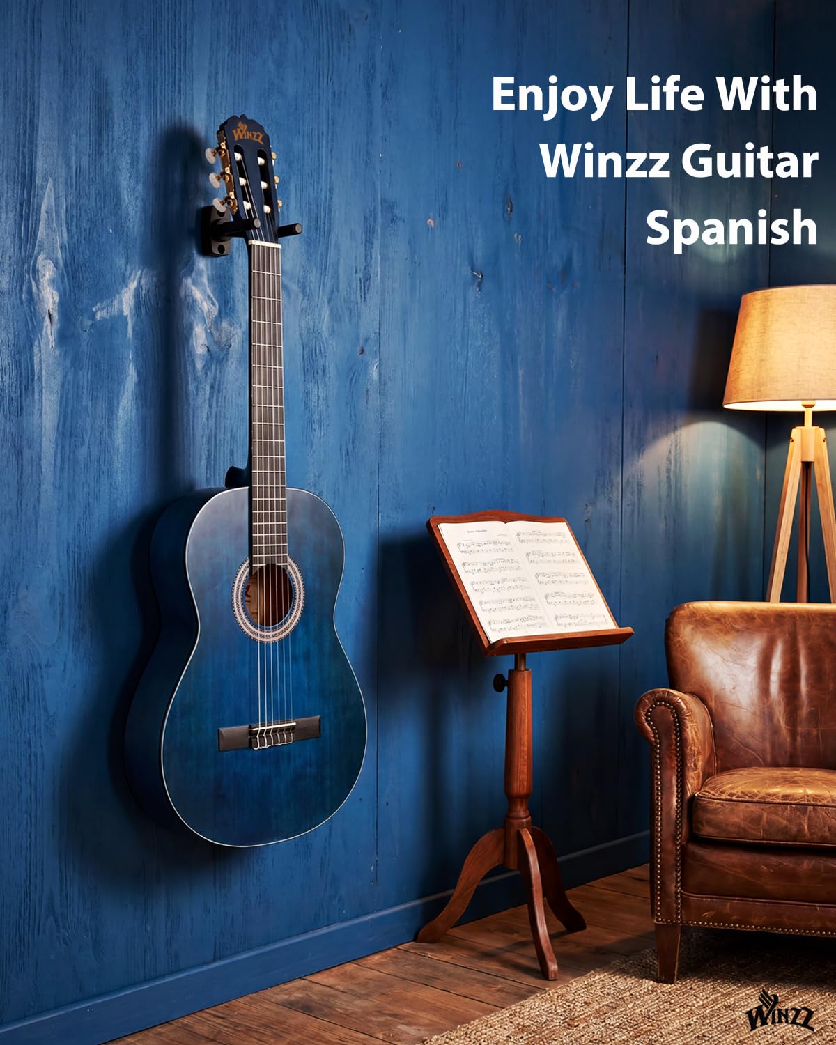 Winzz Gitara koncertowa 4/4 dla dorosłych, gitara klasyczna dla początkujących, 39 cali (niebieska vintage)