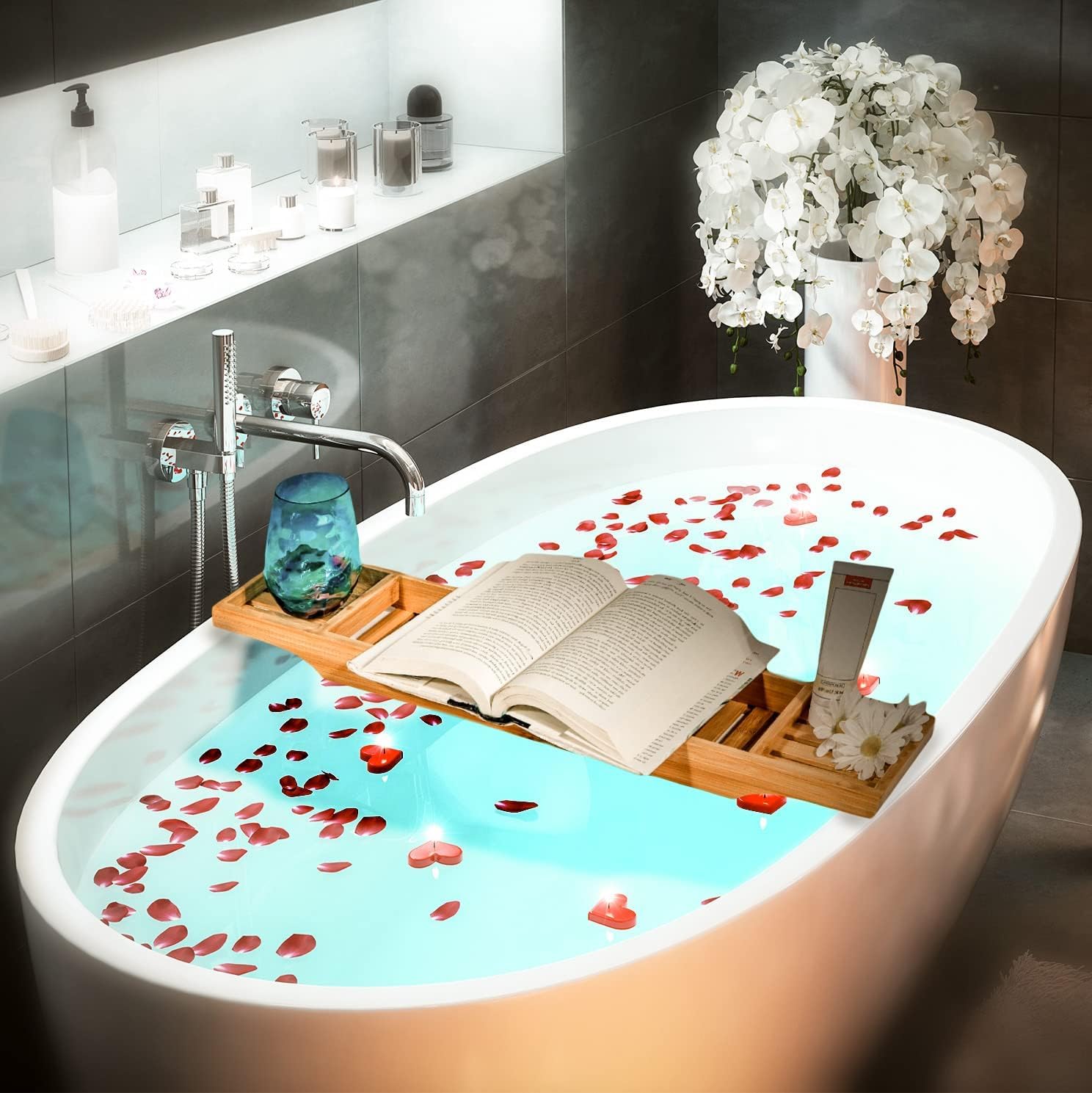 Bandeja de Bañera de Bambú, Organizador Rejilla Elegante, Soporte Decorativo para Jabón, Velas y Botellas, Ideal para un Baño SPA Relajante, 70x15x4.5cm