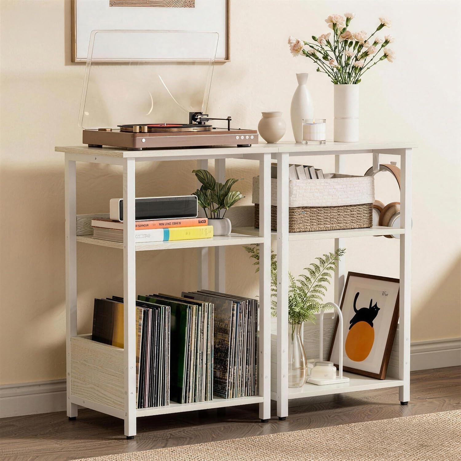 Record Player Stand with Vinyl Storage, 3-Tier Turntable Stand Table Holds 75+ Albums, Heavy Duty Media Console End Table for Living Room Bedroom, White Oak Wood Metal Audio Rack