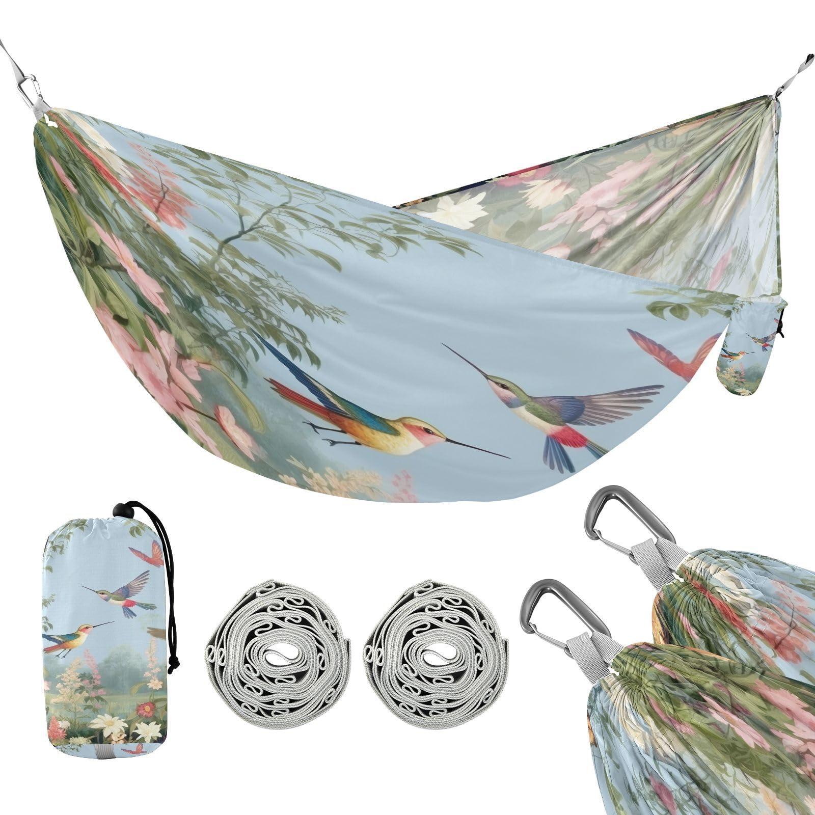 Haskirky Hummingbirds Flowers Camping Hammock, Single Portable Hammocks with Tree Straps & Attached Carry Bag, 330Lbs Capacity Perfect for Outside Indoor Hiking Beach Backpack Travel