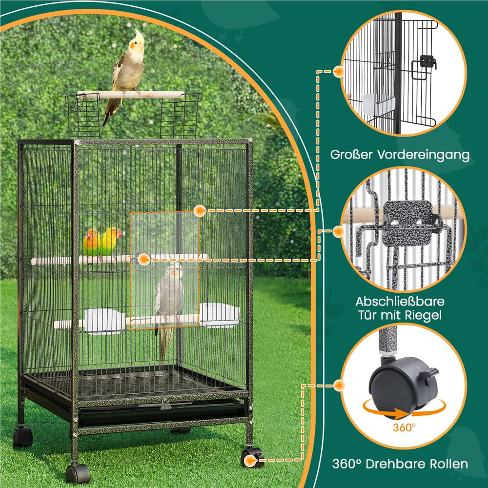 Yaheetech Vogelkäfig mit offenem Dach, Vogelvoliere mit Holzstangen und 360° drehbaren Rollen, 2 Futternäpfe & Schublade, großer Raum für Vögel, 45,5x45,5x89,5 cm