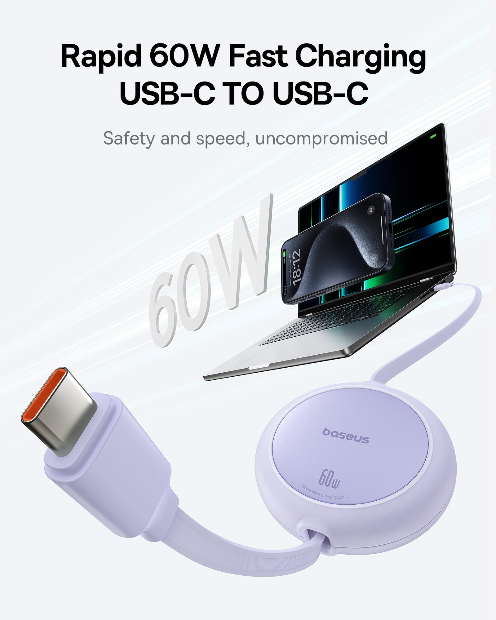 Baseus Cavo da USB C a USB C, arrotolabile, 60 W, 1 m, mini retrattile, cavo di ricarica veloce, USB C per iPhone 16, 15, 14 Pro, Samsung Galaxy S25, S24 Ultra, MacBook, iPad Pro, portatile, facile da