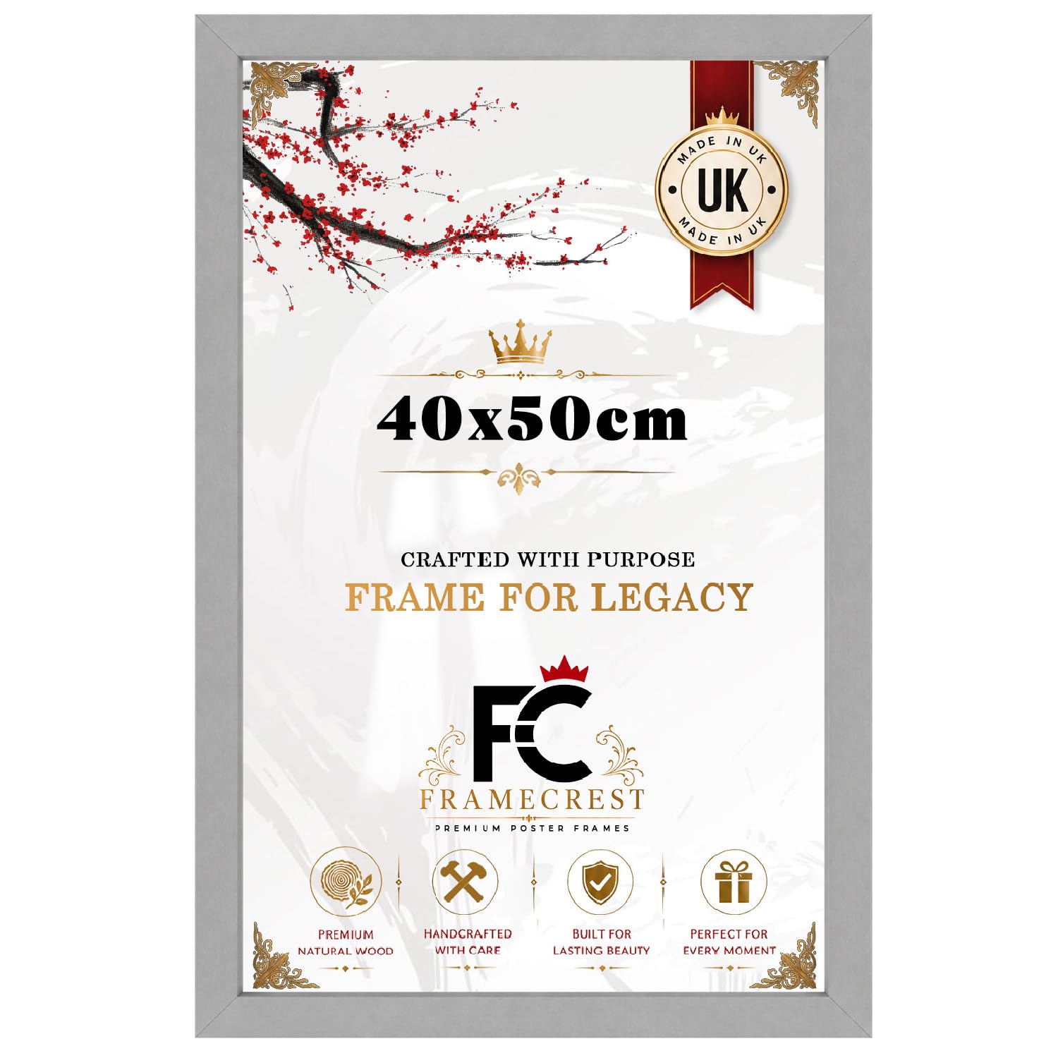 FRAMECREST Elegant MDF Poster Frame 40x50cm Standard Size | Engineered Wood/MDF | Landscape or Portrait Display | Photo Frame Gift for Family Friend Wedding Birthday - [Silver]