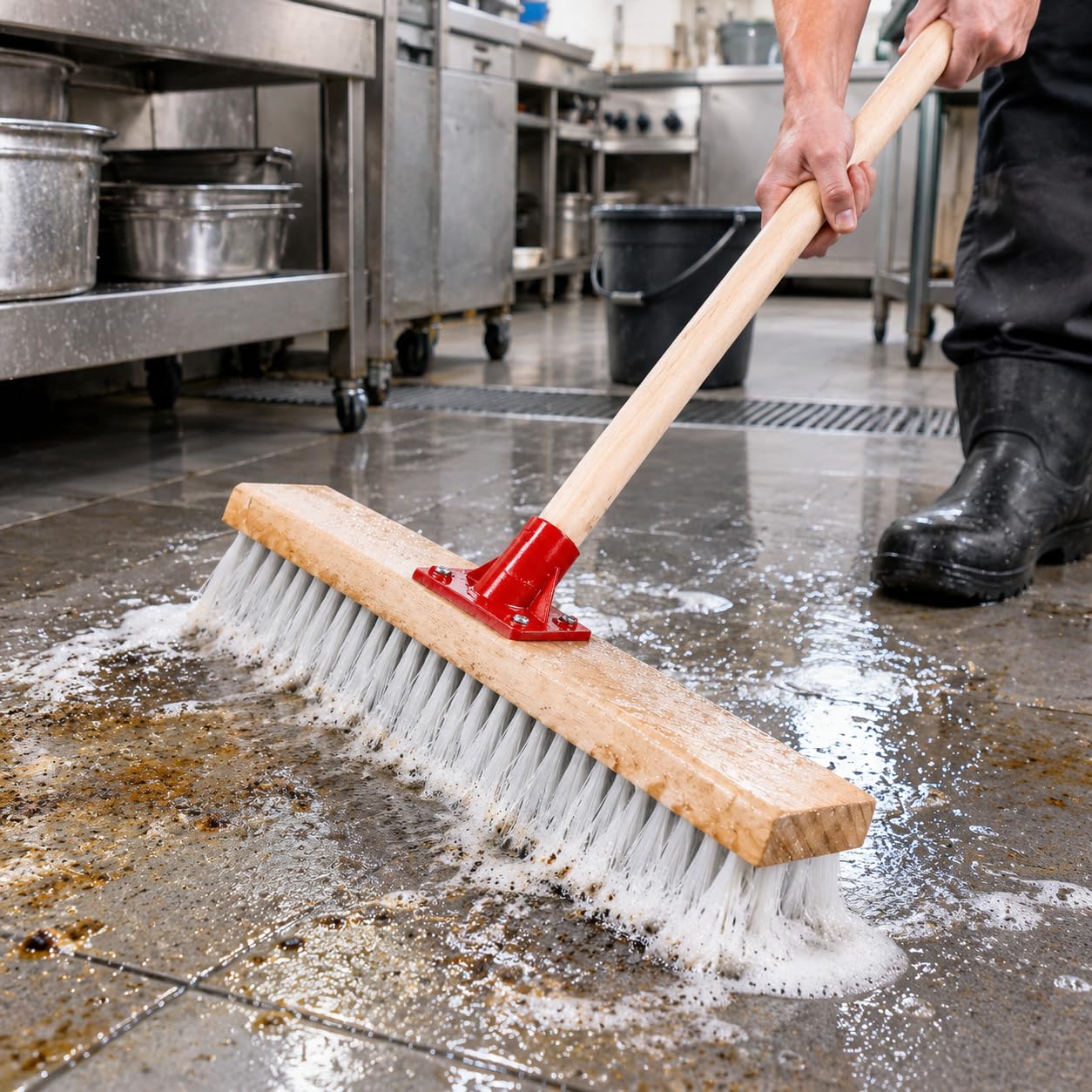 Cepillo para Fregar Suelos Cerdas Nylon Eficaces para Restregar Pisos Duros Azulejos y Lechada en Cocina Baño y Garaje Acuado para Mantenimiento l Hogar, Cepillo Suelo 60cm con Mango
