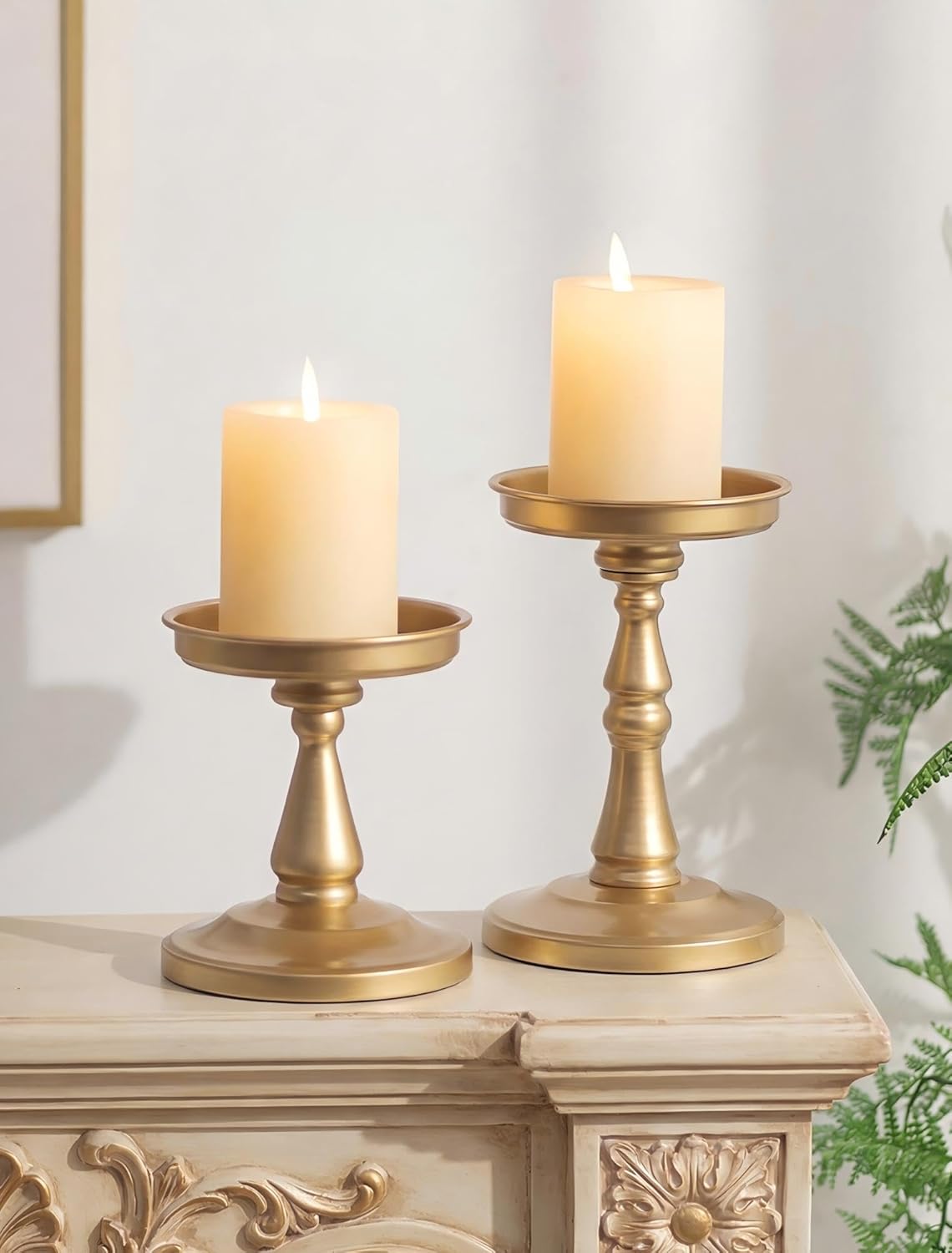 NUPTIO Large Candle Holder Set: 2pcs Large Gold Stand for 4" Diameter Pillars - Vintage Metal Pedestal for Dining Table Centerpieces Decor