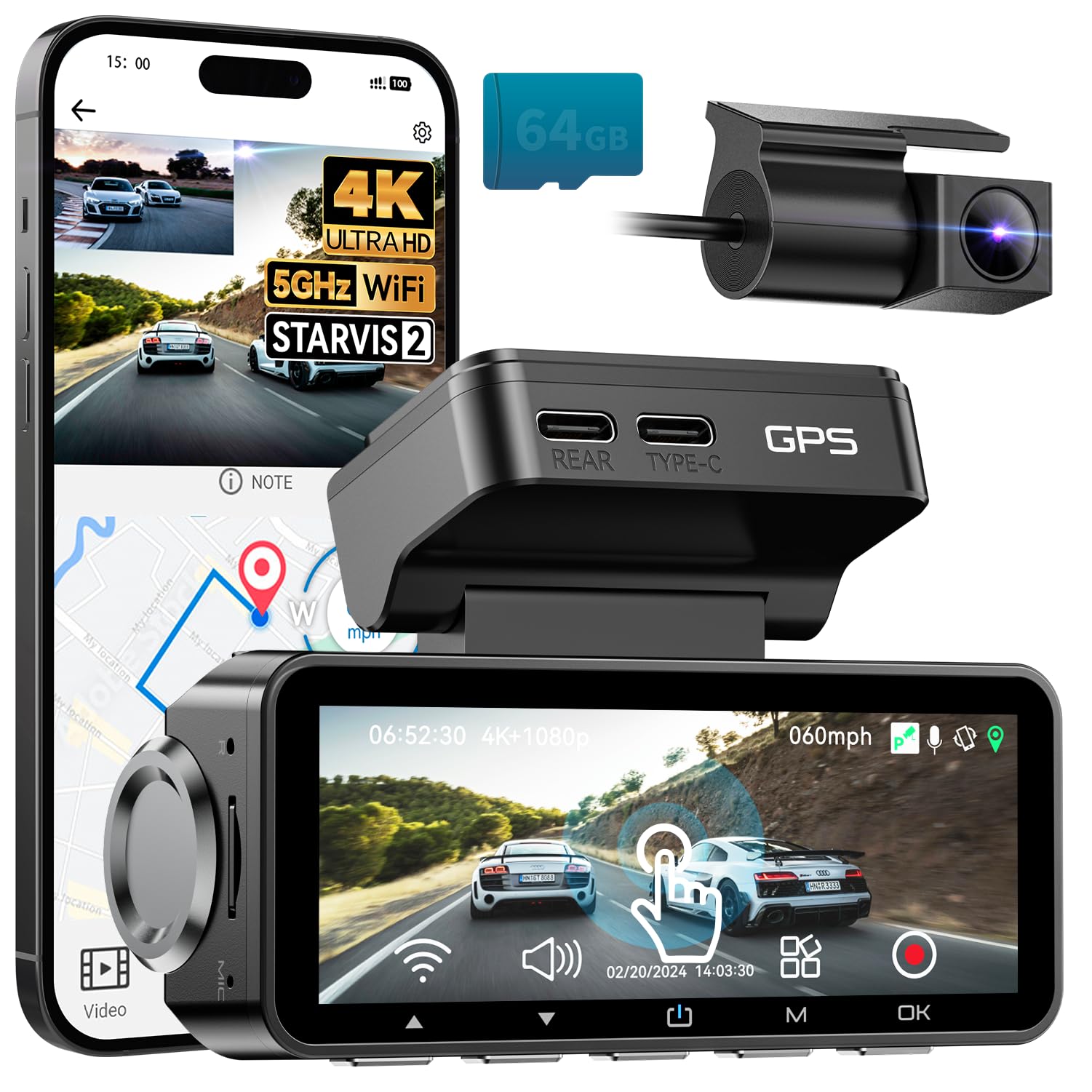 FOCUWAY Dash Cam Front and Rear, Real 4K@30fps/2K@60fps+1080P@30fps Dash Camera for Car, Touchscreen, Voice Control, with GPS WiFi, HDR Night Vision, 64GB Card, 160 Wide Angle, 24H Parking Mode