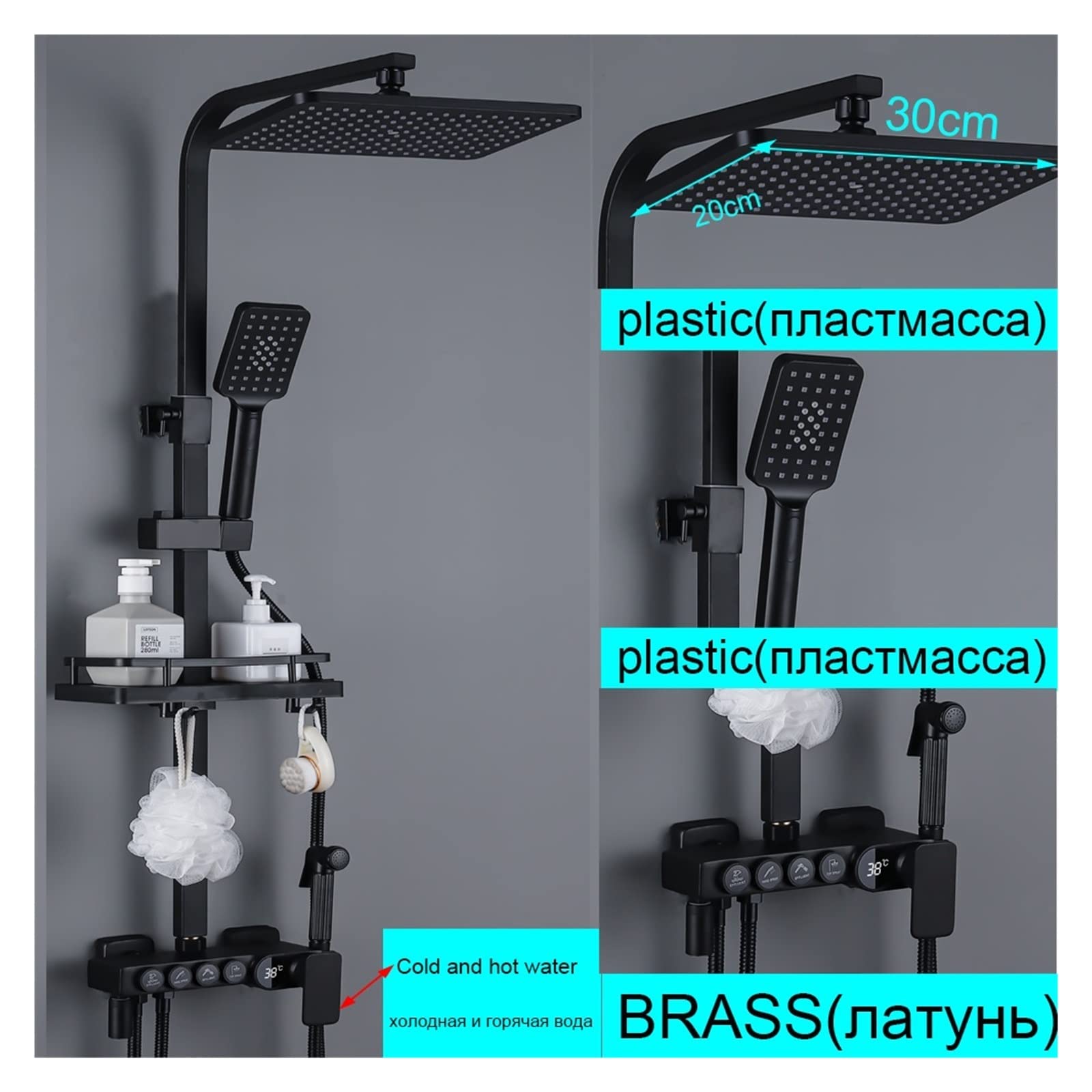 Display Termostatico Nero Set Rubinetto for Vasca da Bagno E Doccia Rubinetto for Vasca da Bagno con Mensola Il Flusso d'Acqua Produce Elettricità(Black Cold Hot)