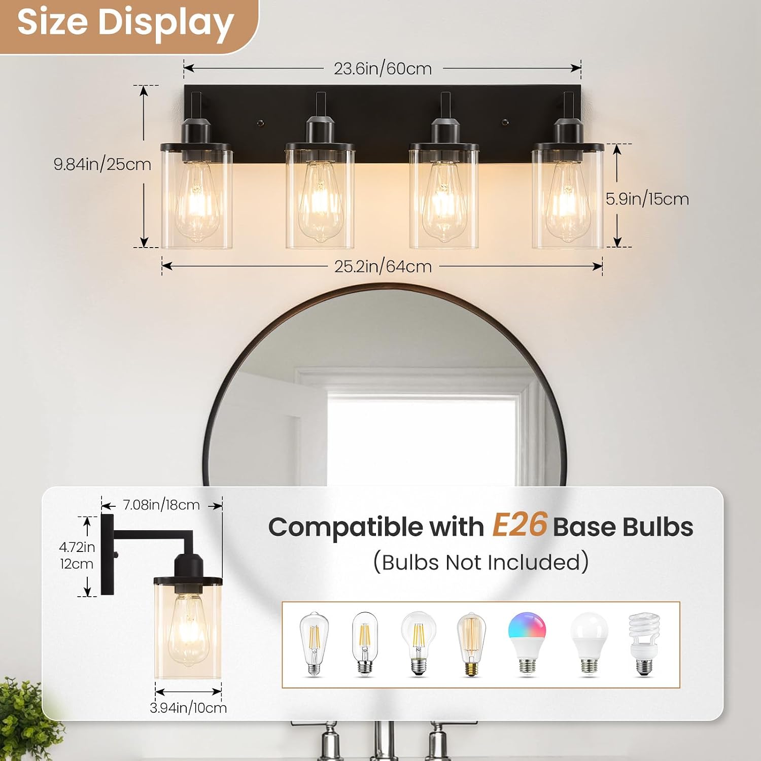 4-light bathroom light fixtures, black bathroom lighting fixtures over mirror with clear glass square shade, modern vanity lights for bathroom, living room, hallway, cabinet black-square shade 4-light