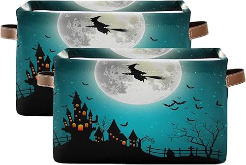 Miniatura 2 de AUUXVA Cesta de almacenamiento de Halloween, bruja, luna, castillo, caja de almacenamiento, caja de almacenamiento de lona duradera plegable para