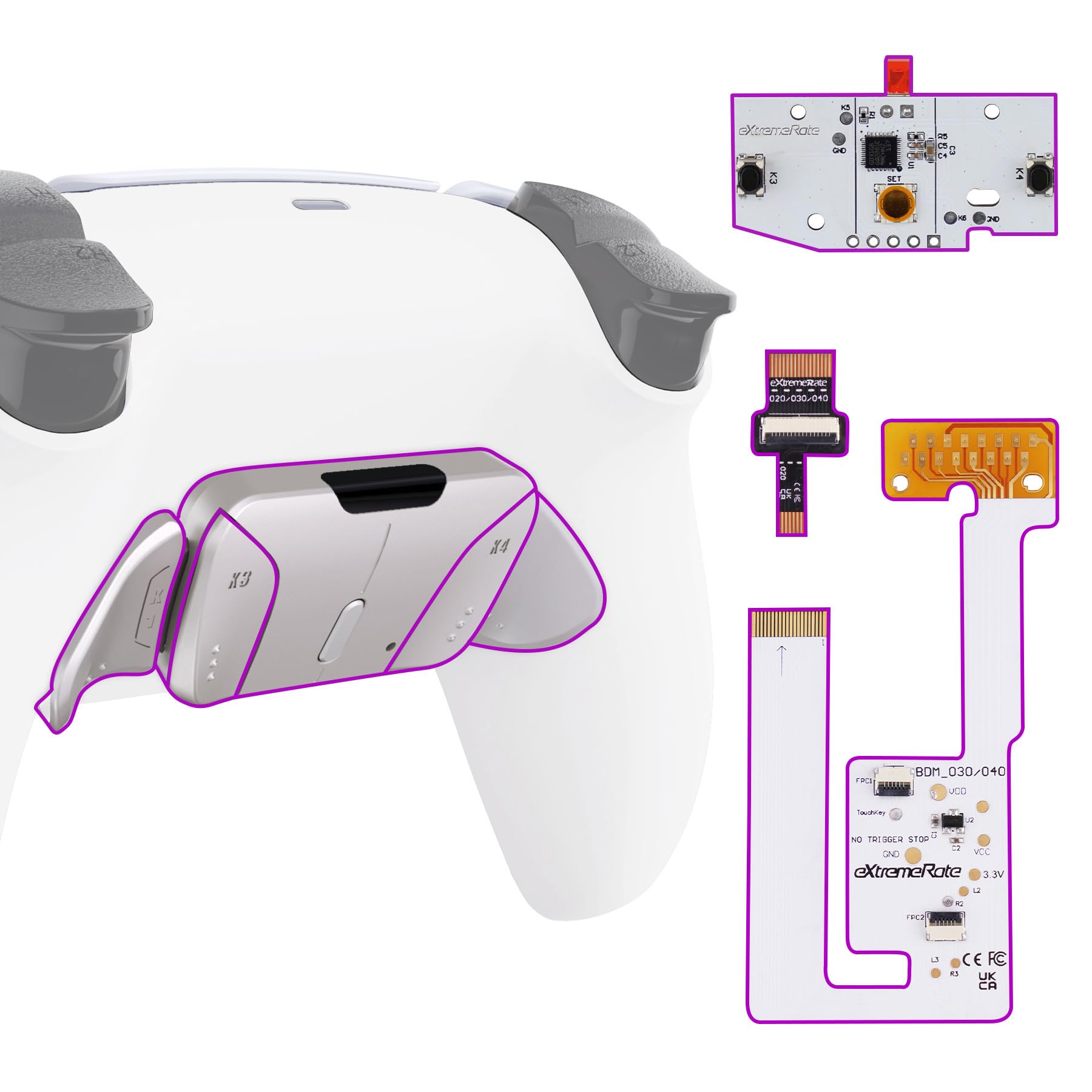 eXtremeRate Programmable Real Metal Buttons RMB RISE4 V3 Remap Kit for PS5 Controller BDM-030 040 050, Upgrade Board Redesigned White Bottom Shell 4 Back Buttons Set for PS5 Controller - NO Controller