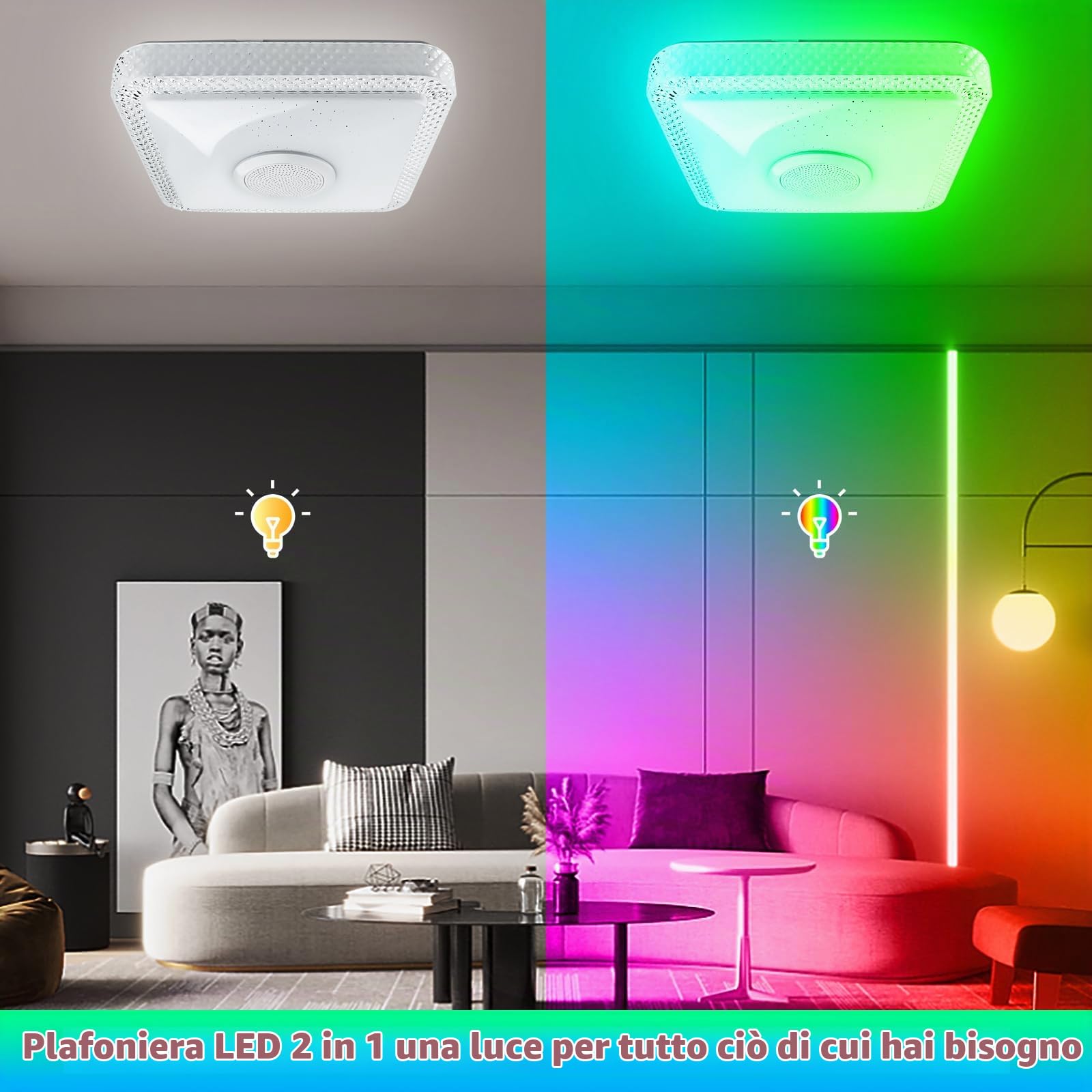 RGB Plafoniera LED Soffitto con Telecomando e APP, 30W Lampada da Soffitto con Altoparlante Bluetooth Tondo Lampadario RGB Regolabile Cambia Colore per Soggiorno Camera dei Bambini da Letto