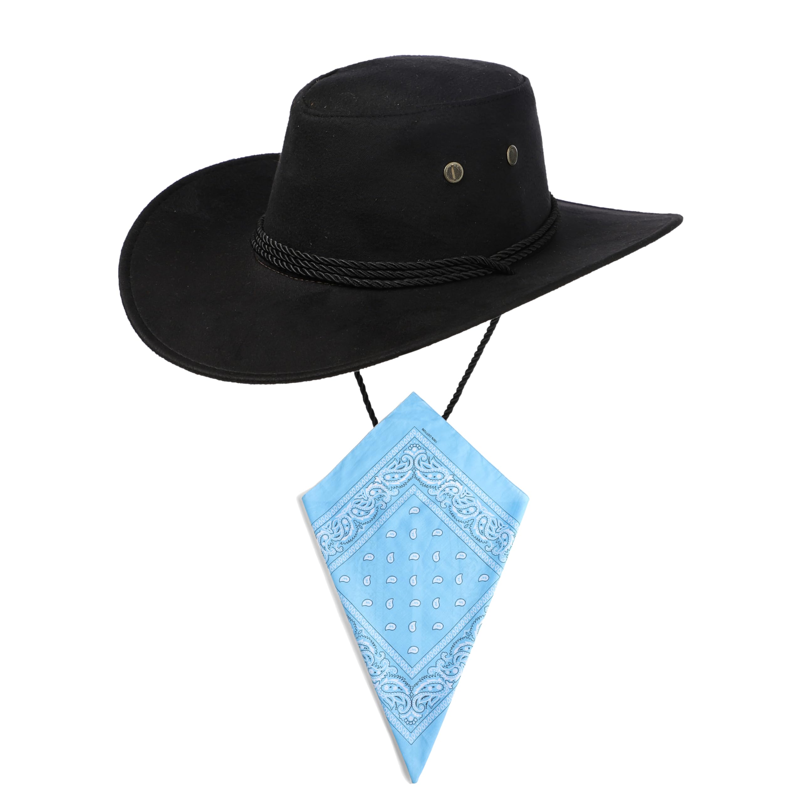 Komonee Black Cowboy Hat and Sky Blue Bandana Western Sun Cap Faux Felt Leather Suede Fancy Dress Party Costume Outfit Neckscarf Sun Protection Mens Womens
