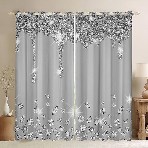 Feelyou Cortinas con estampado plateado con purpurina (sin brillantina), cortinas de oscurecimiento gris para cortinas opacas con diamantes (30% Feelyou Cortinas con estampado plateado con purpurina (sin brillantina), cortinas de oscurecimiento gris para cortinas opacas con diamantes (30%