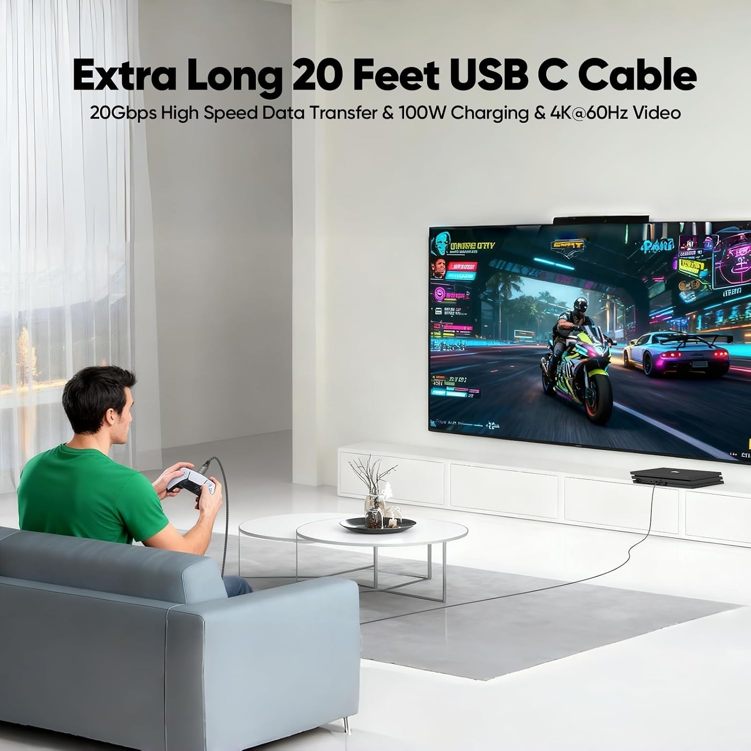 USB C Monitor Cable 20ft, USBC 3.2 4K@144Hz Display/20Gbps Data/100W Charge image 2