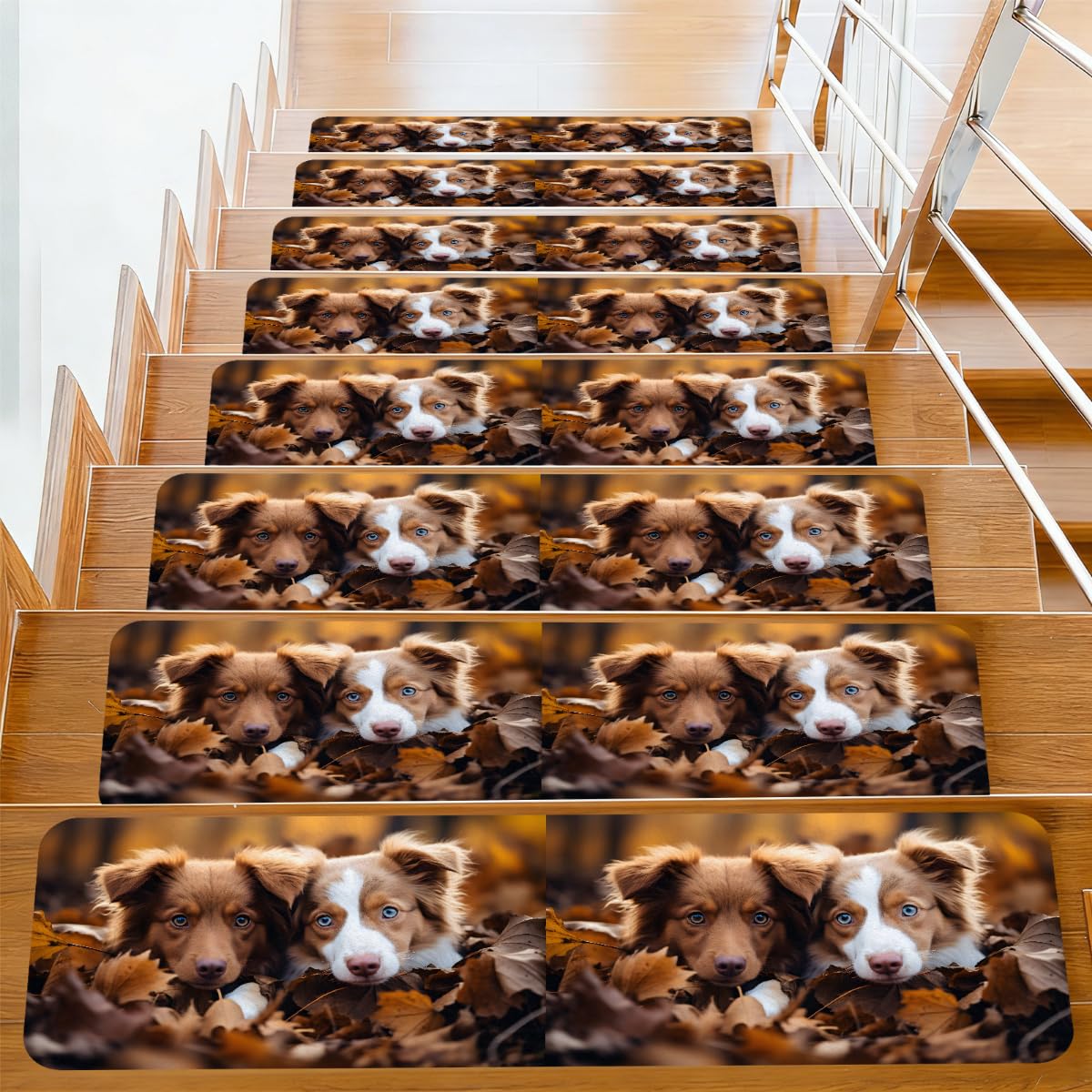 Alfombrillas de escalera Mexpekil autoadhesivas de 76x20 cm con diseño de hojas y perros
