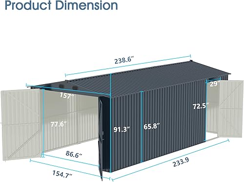 Miniatura 3 de Cobertizo de almacenamiento al aire libre de 20 x 13 pies, cobertizo de metal para patio trasero, cobertizo de almacenamiento grande con 2 puertas y