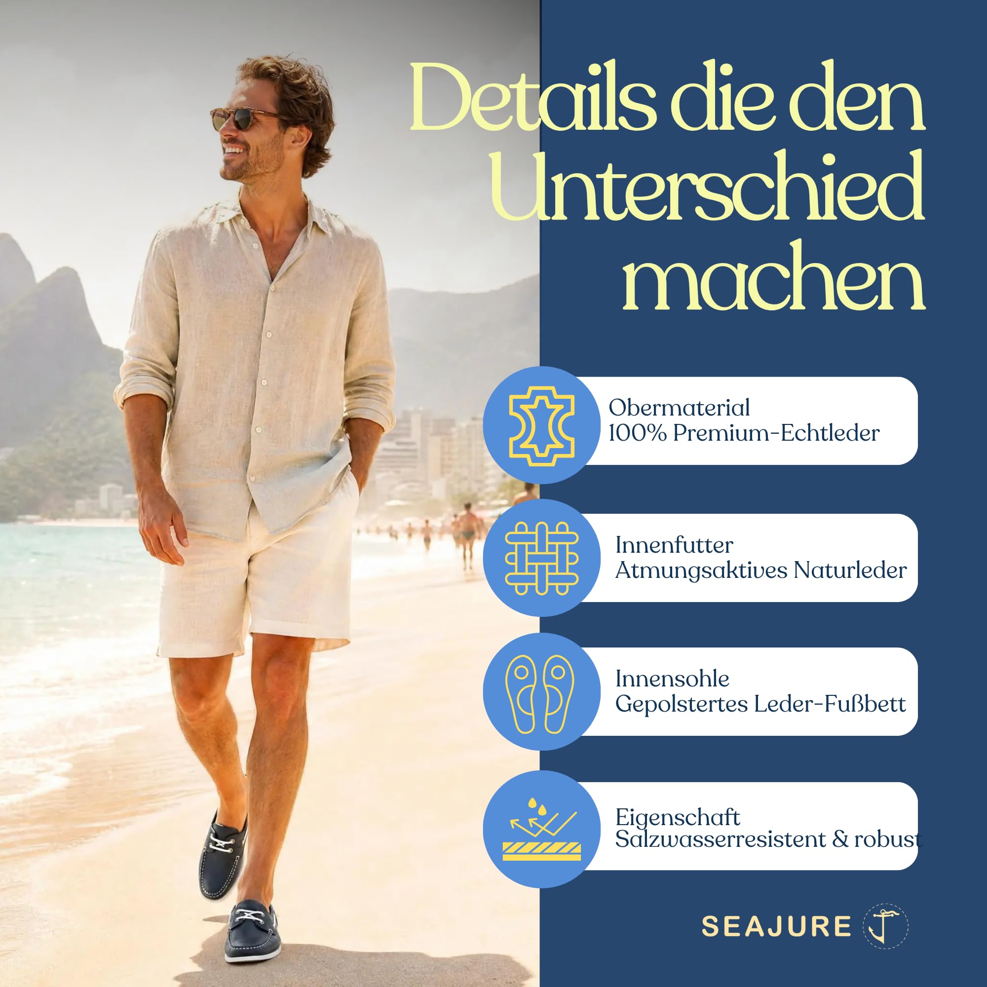 Seajure Watamu Bootsschuhe Herren Leder, Handgefertigte Segelschuhe und Mokassins, Non-Marking Gummisohle, Bequeme Maritime Sommer Slipper, Freizeitschuhe und Echtleder Deckschuhe Marineblau