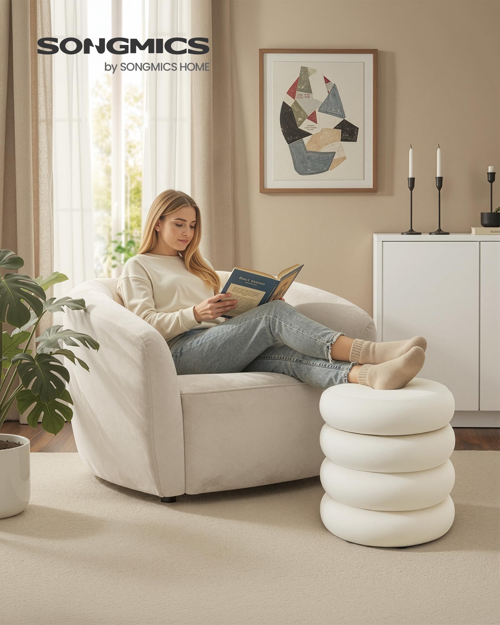 SONGMICS Sgabello Trucco, Pouf Contenitore Rotondo, Poggiapiedi Imbottito, Coperchio Rimovibile, Soggiorno Camera da Letto Ingresso, Facile da Montare, 43 x 47 cm, Velluto, Bianco Crema LOM018LH01