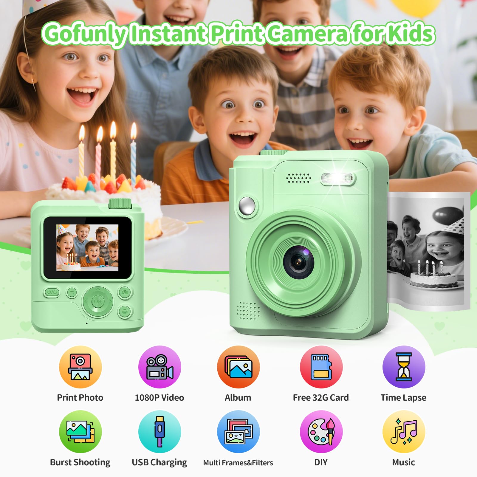 Gofunly Kids Camera Instant Print, 1080P Digital Camera for Kids with 32GB Card & 5 Print Paper Rolls - Image 2