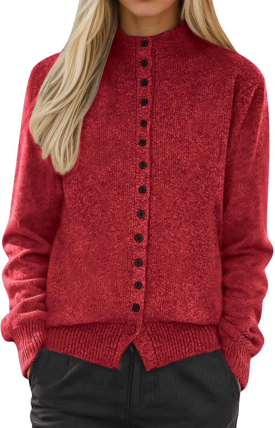 Womens Button Down Sweaters Long Sleeve Mock Neck Cable Knit Fall Open Front Chunky Cardigan Sweaters Winter Outfits
