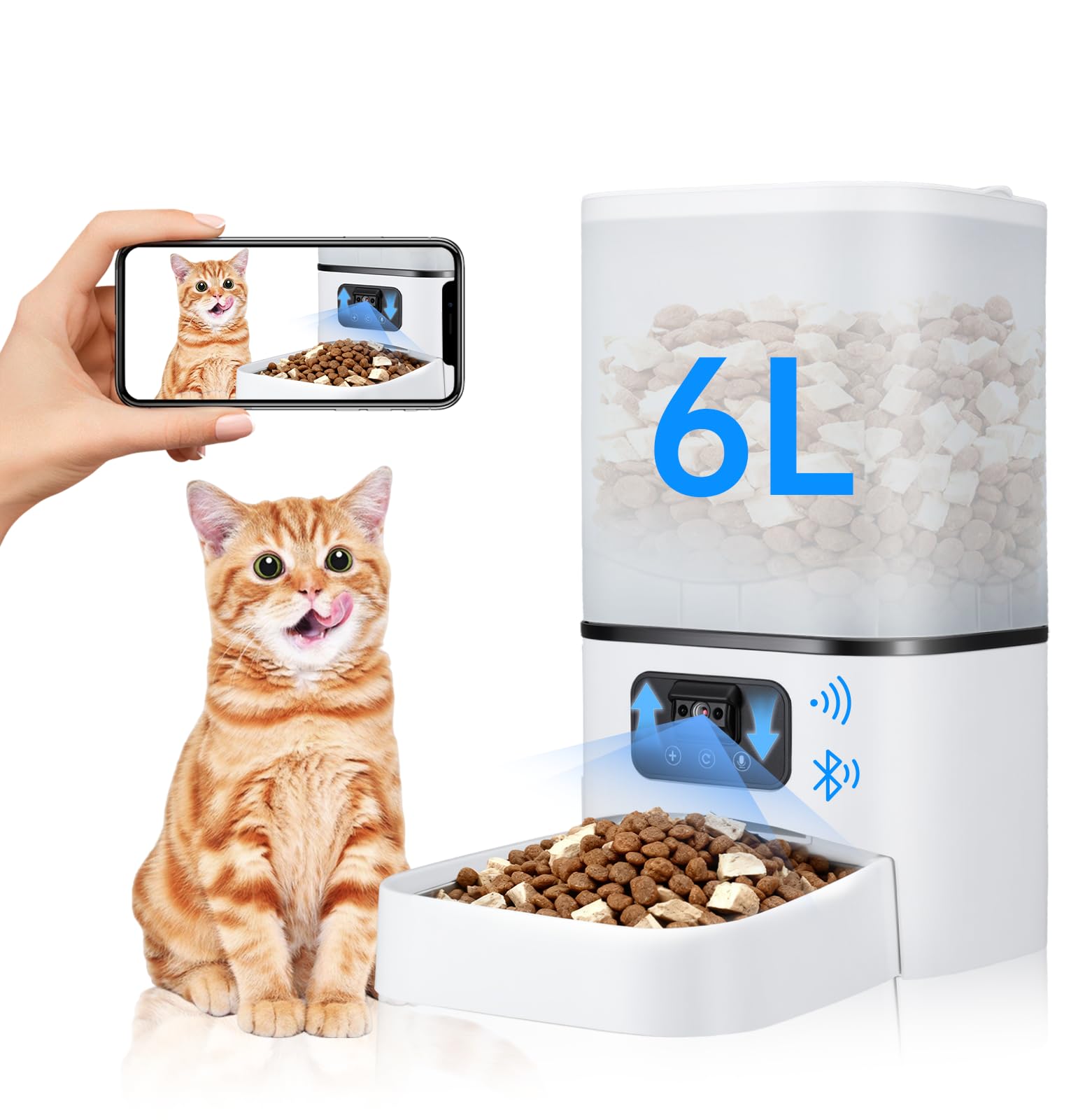 KONEIYA 6L Dispensador de Comida para Gato WiFi/Bluetooth, Control App y Camara, Comedero para Gato Automático con Temporizador y Raciones, Registro y Voz Función, Doble Potencia, para Hogar, Gatos