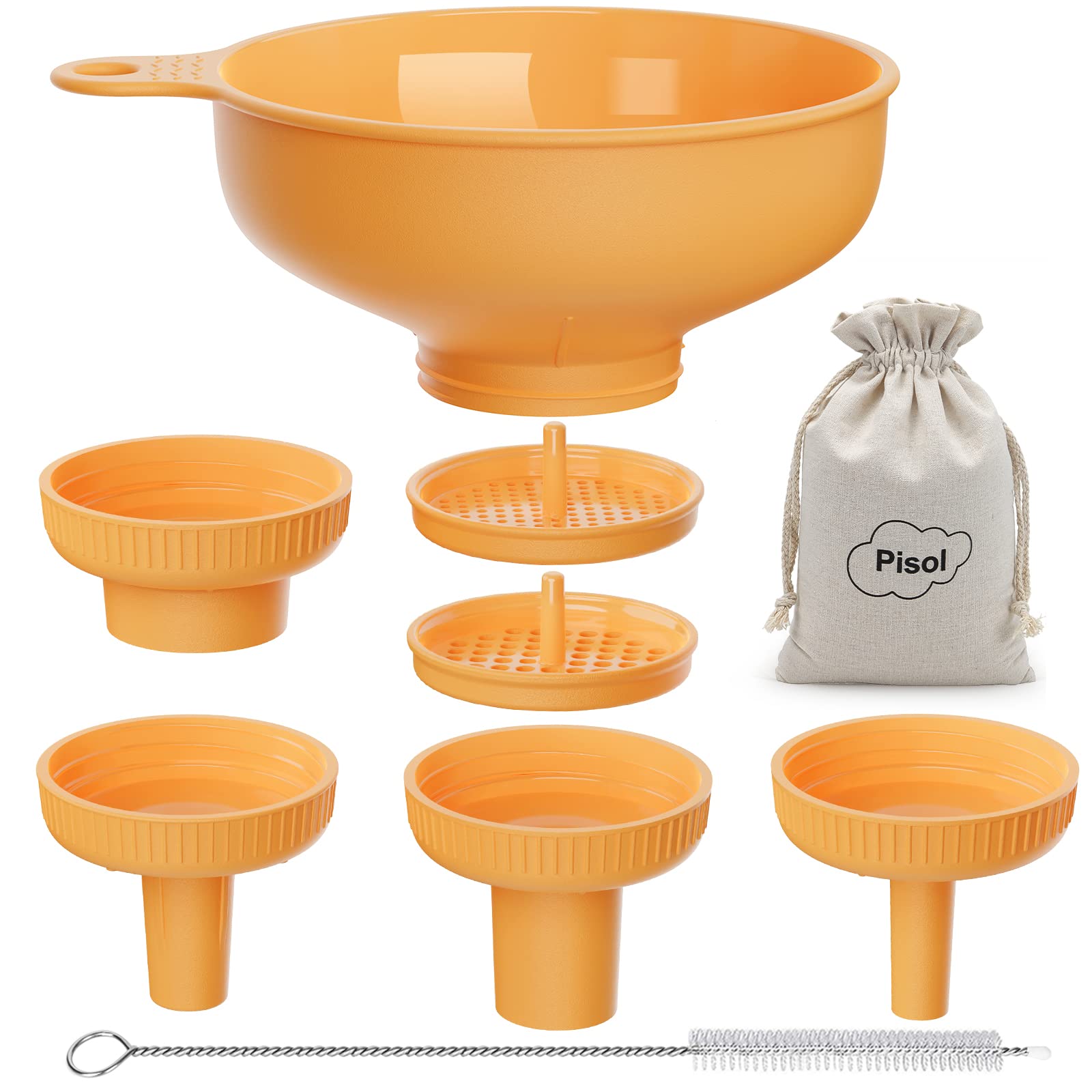 Pisol Wide Mouth Versatile Funnel, Canning Funnels for Kitchen Use, Food Grade Plastic Cooking Funnel Set with 4 Size Spouts and 2 Strainers for