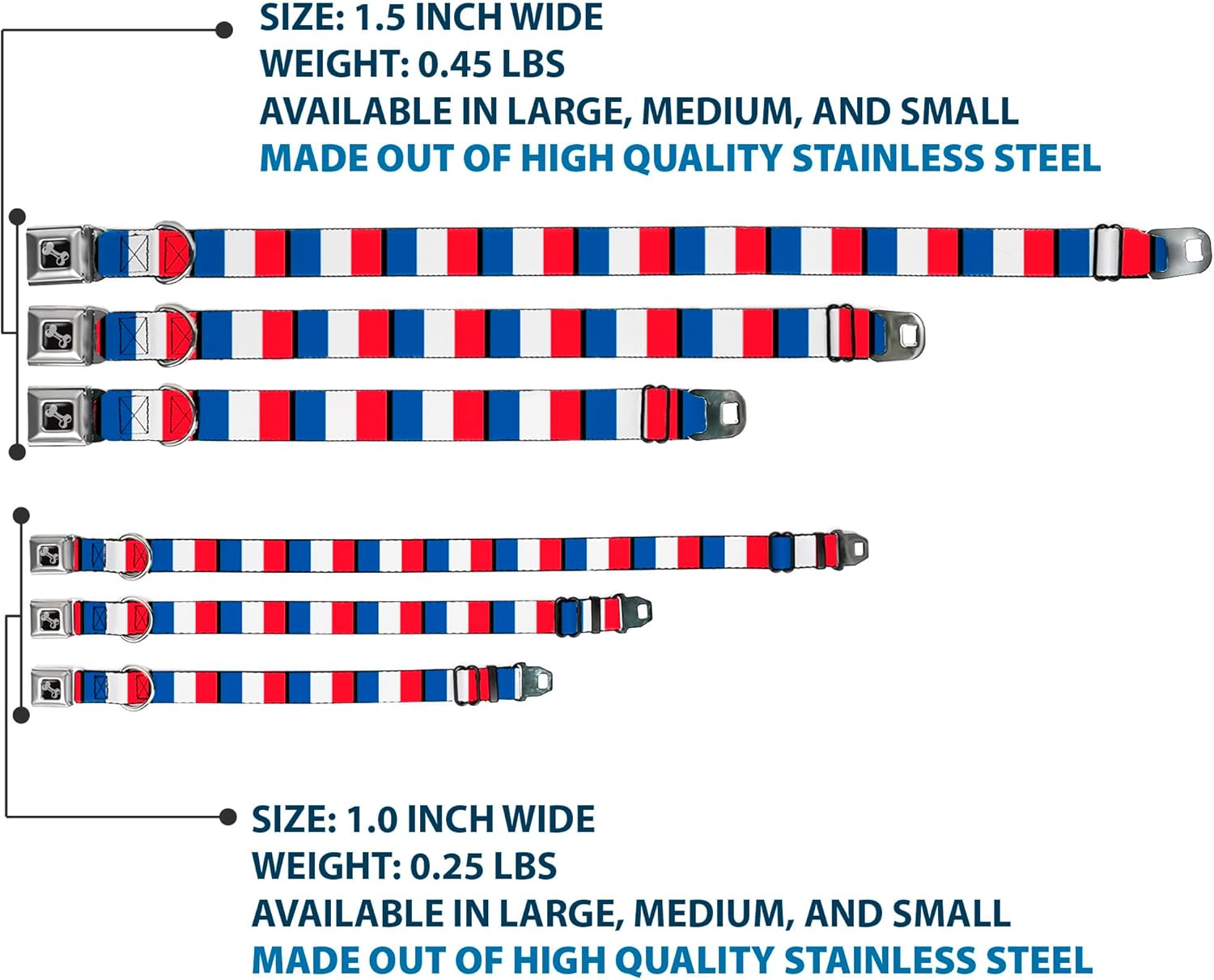Buckle-Down Seatbelt Buckle Dog Collar - France Flags - 1" Wide - Fits 15-26" Neck - Large
