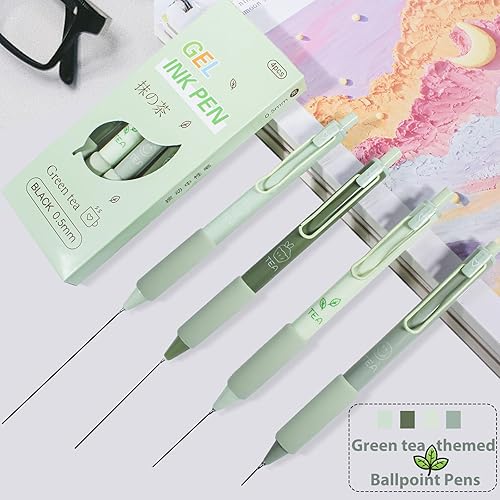 Miniatura 3 de Bolígrafos retráctiles, punta fina (0.020 pulgadas), tinta negra, paquete de 4 unidades, bonitos bolígrafos de té verde para suministros escolares