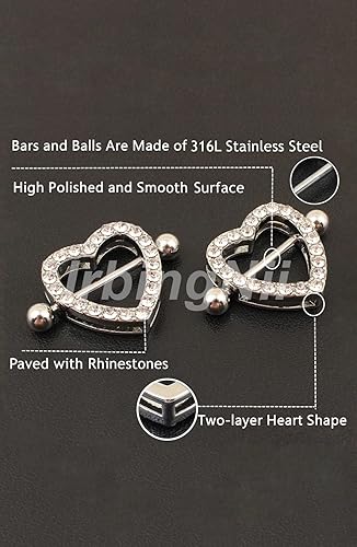 Miniatura 3 de IrbingNii Anillos de pezón de corazón de acero inoxidable 316L piercing de pezón barra de 14G joyería de piercing de pezón de dos capas para mujeres