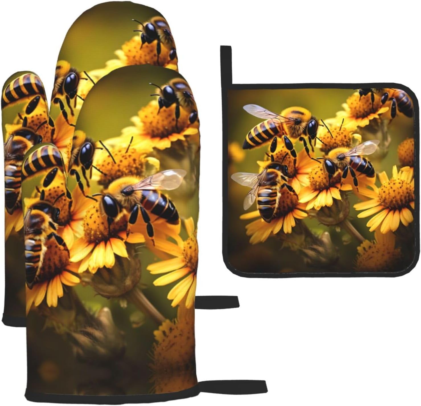 Rural Honey Bees Flowers Print Heat Resistant Microwave Gloves, Used for Baking, Cooking, and Fashion Kitchen Essentials