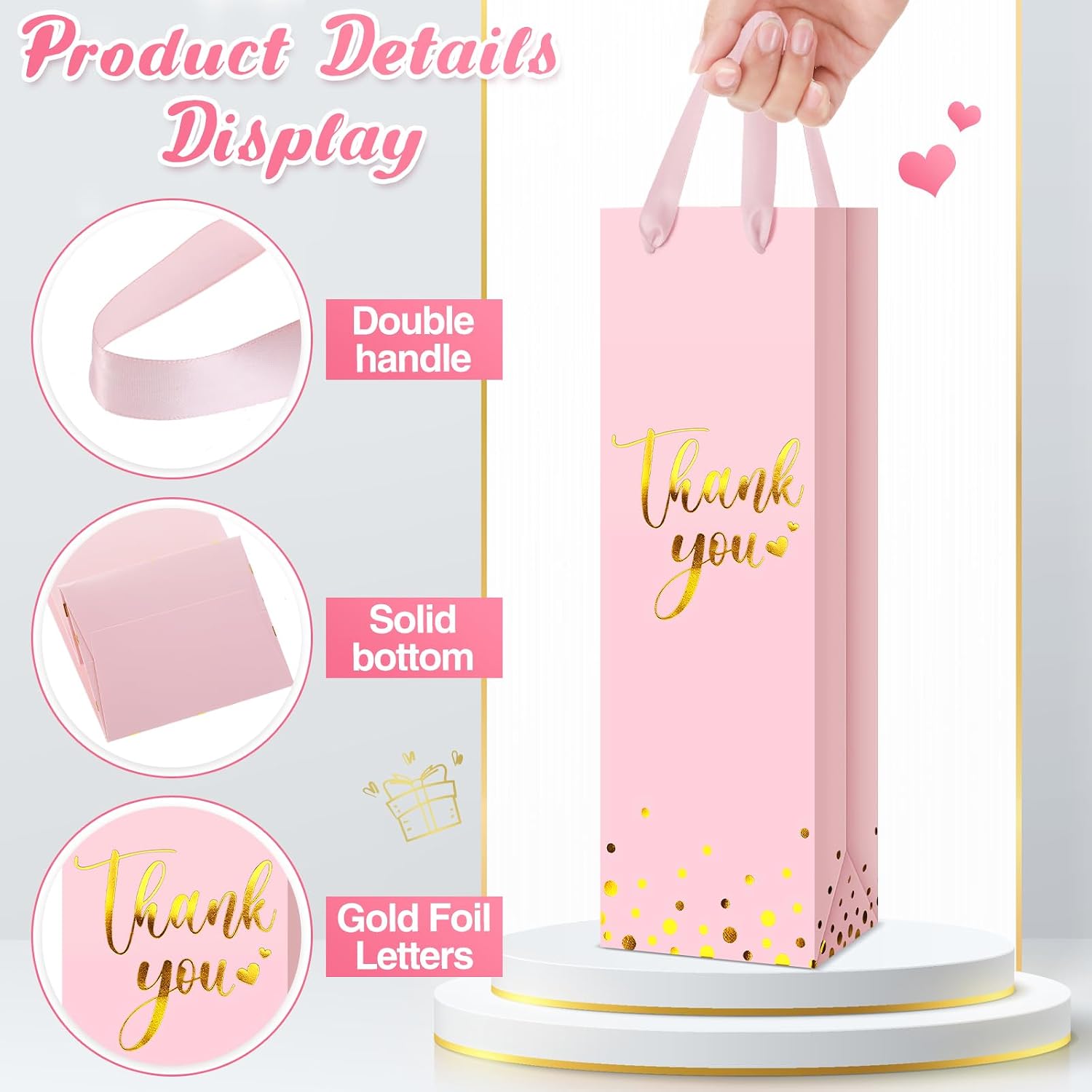 Ctosree 30 Pcs Wine Bottle Gift Bag with Handle 4.3x3.5x13.7 Liquor Paper Bag for Thank You Favor Gold Foil Kraft Whiskey Tote Carrier for Graduation Party Wedding Birthday(Pink)