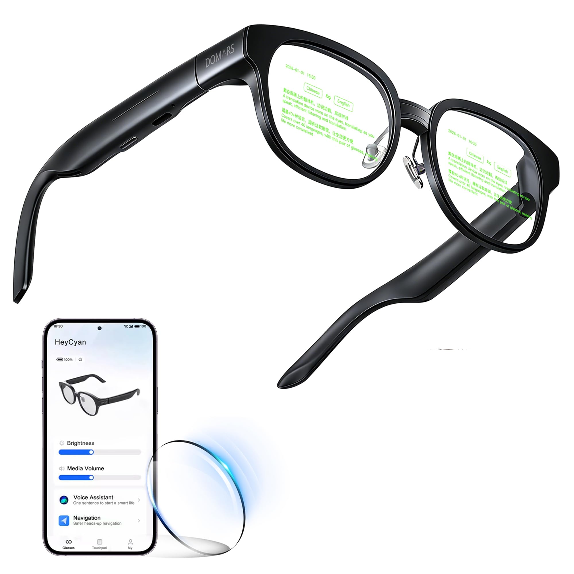 Lunettes Intelligentes AR avec Traduction Vocale en Temps Réel,Téléprompteur À Affichage IA,Plus De 40 Langues en Ligne Et 8 Hors Ligne,Double Batterie 440 MAh,pour Réunions d'affaires Et Voyages