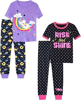 Girls 4-Piece Pajamas Cotton Short Pjs Set Kids Snug-Fit Sleepwear