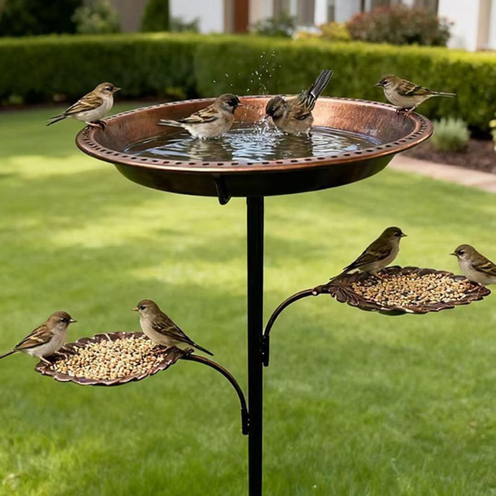 Große 12-Zoll Vogeltränke aus Eisen für den Außenbereich mit Abnehmbarer Schüssel und Futterspender in Blätterform für die Dekoration Hinterhof, Garten Vogeltränke