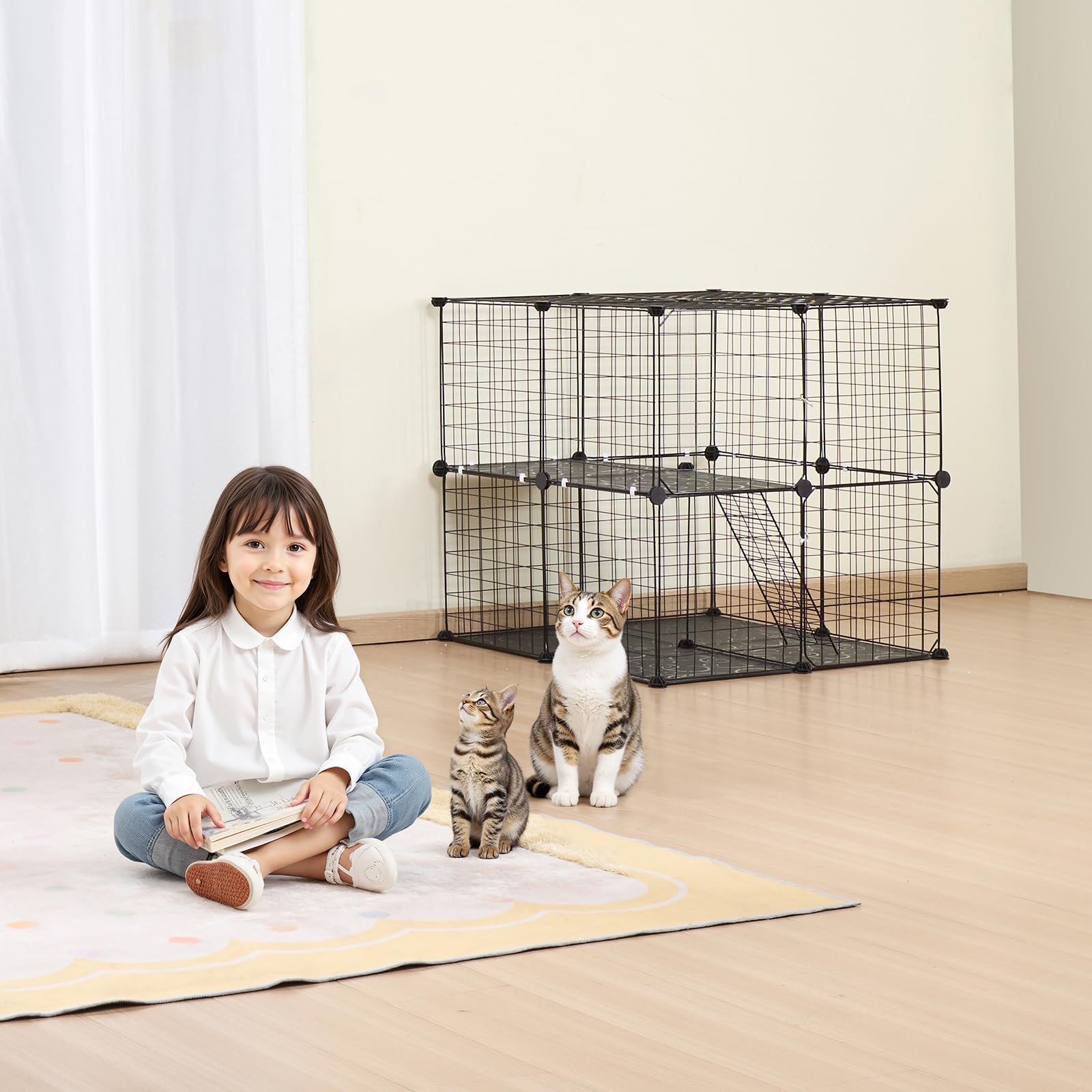 VEVOR Cage Chat 2 Niveaux, Grand Enclos Chats Fil Métallique Modulable à Monter, avec Échelle, Plate-Forme de Repos Réglable, Espace d'exercice Extérieur Intérieur pour Petits Animaux, 711x711x711 mm