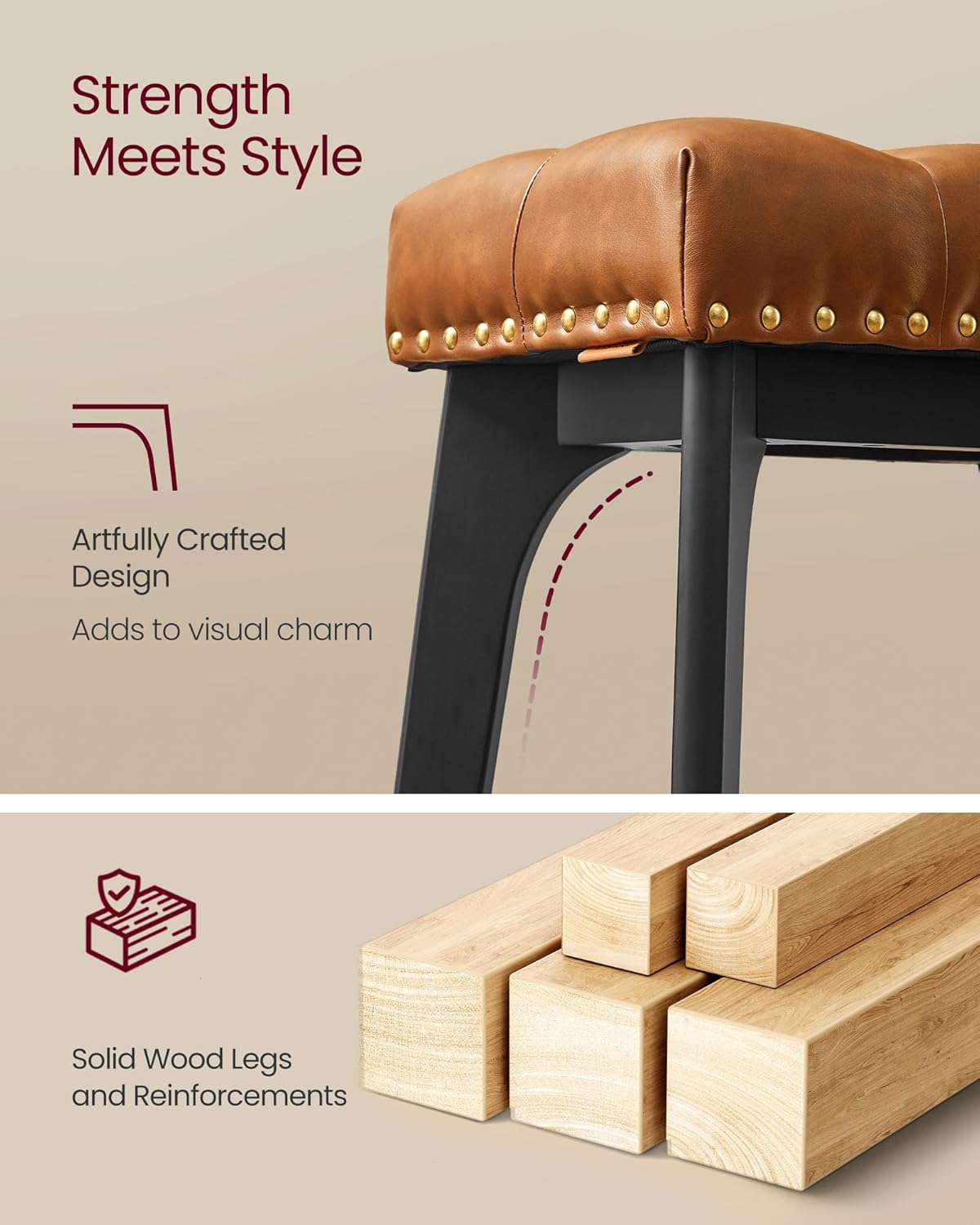 VASAGLE Bar Stools Set of 2, Saddle Counter Height Bar Stools, 26-Inch Backless Kitchen Stools with Wood Legs, PU Leather Thickened Upholstered Barstools for Kitchen Island Dining Room, Coffee Brown