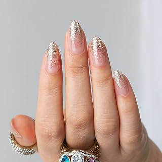 Polychrome&air Press On Nails Medium Almond ABS Natural Fit Fake Nails with Jelly Glue Reusable Manicure Glue On Nails Woman and Girl False Nails UV Gel Cover Glossy Nail 15Sizes 30PCS(Gold-Powder)