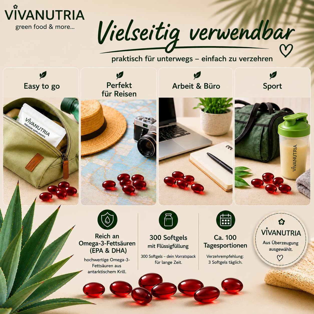 VivaNutria Krillöl-Kapseln 300 Stück I kleine Softgel-Kapseln | leicht zu schlucken I mit je 500 mg reinem Antarktis-Krillöl I beste Qualität - große 3-Monats-Packung I Krill-Öl Softgels