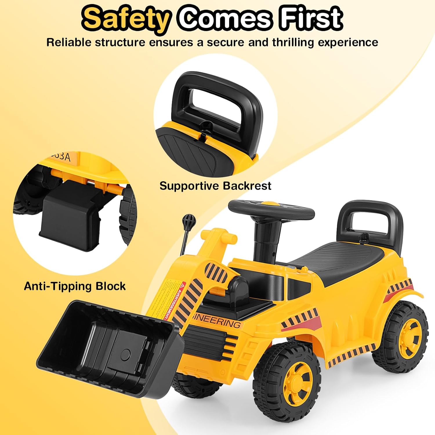 Costzon Ride On Bulldozer, Sit and Scoot Ride on Push Car for Toddlers with Helmet, Front Loader Shovel & Engine Sound, Under-seat Storage, Anti-Rollover Device, Kids Construction Truck, Gift