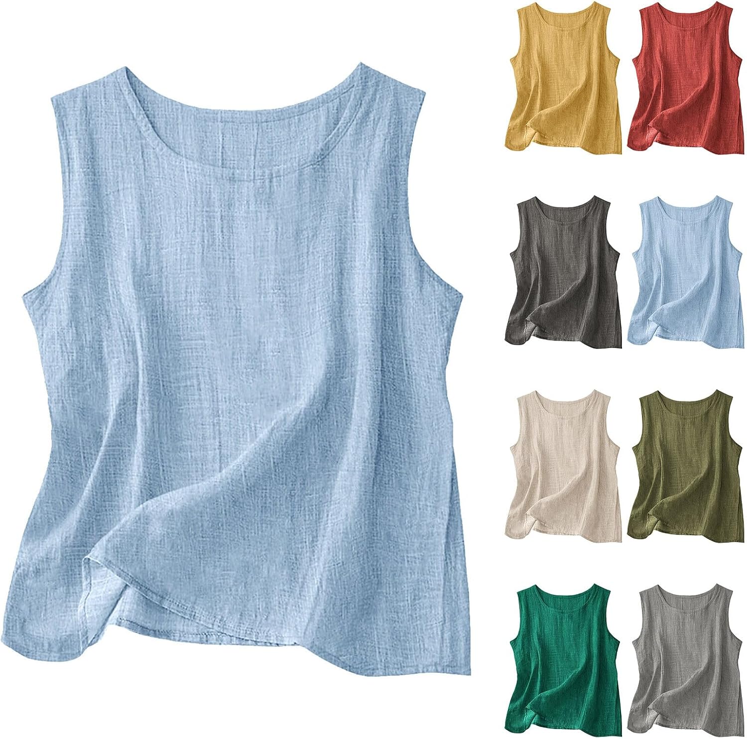 YRAETENM Linen Tank Tops for Women Casual Solid Cotton Blouses Loose Fit Sleeveless Crew Neck Shirts Summer Beach Tee Shirts