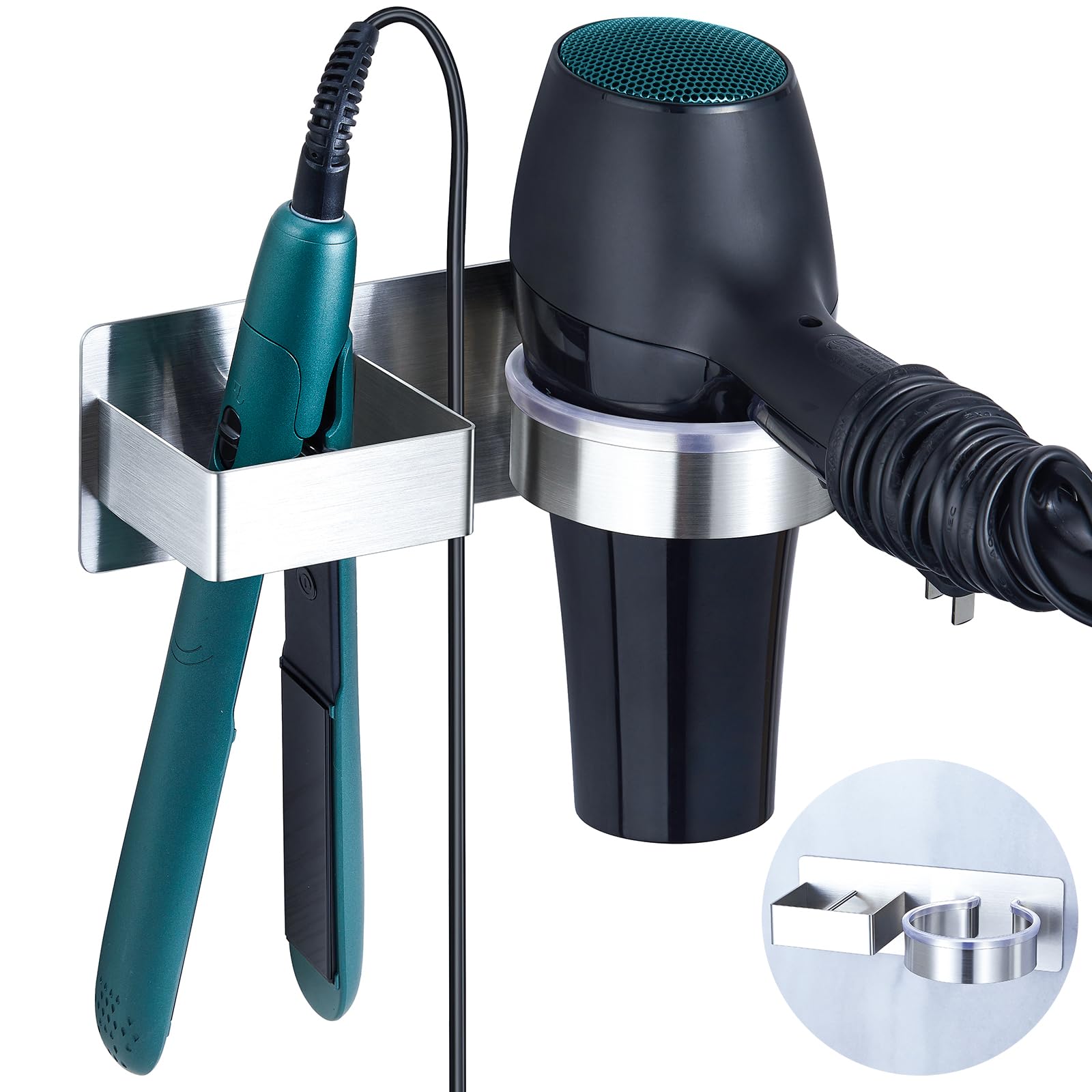 YYBO Fönhalter Ohne Bohren, Glätteisen Halterung, Föhn Halterung für Haartrockner und Glätteisen, Föhnhalter Wand, Haartrocknerhalter Wandhalterung, Selbstklebend Fönhalterung für Bad Hotel (Silber)