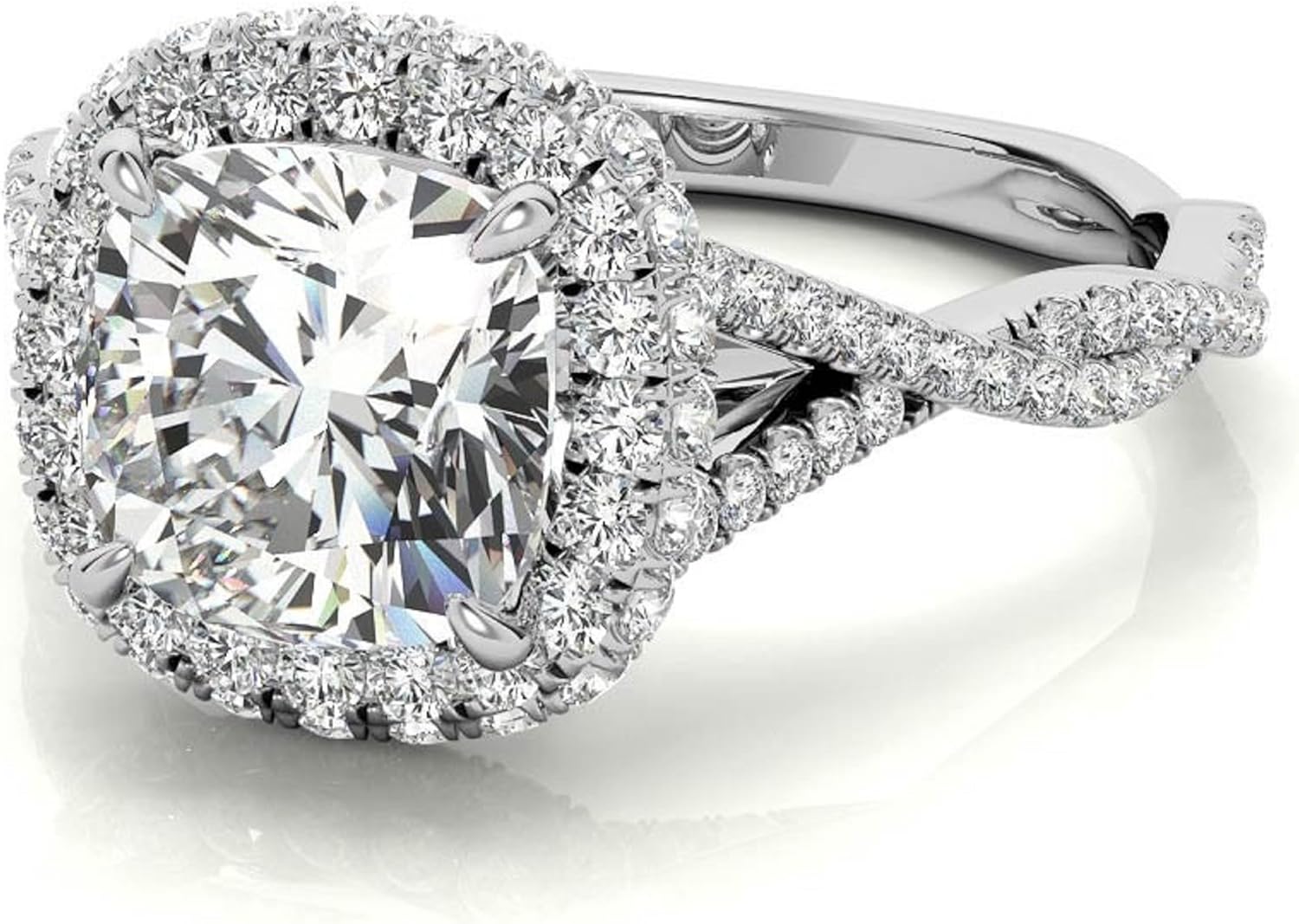 1.00 CT - 3.50 CT Cushion Cut Moissanite Engagement Twisted Ring Double Halo Wedding Ring For Women Decorative Four Claw Prong Cathedral Setting 925 Sterling Silver,Solid 10K/14K/18K Gold Ring