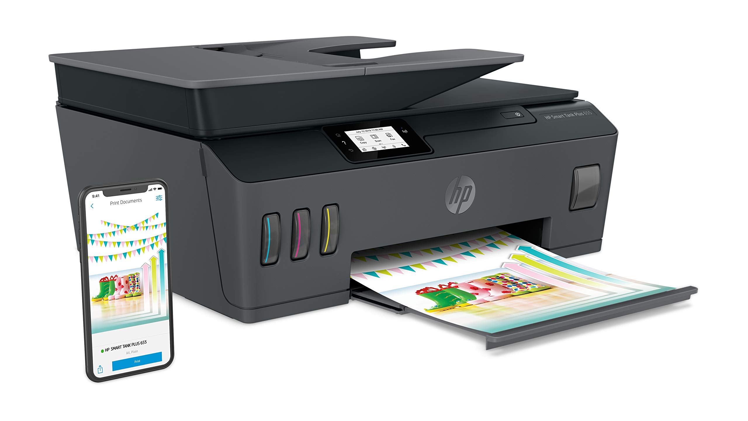 HP Smart Tank Plus 655 Multifunktionsdrucker (Drucker, Scanner, Kopierer, Fax, WLAN, AirPrint, 4-in-1, inklusive Tinte für bis zu 3 Jahre drucken), Schwarz