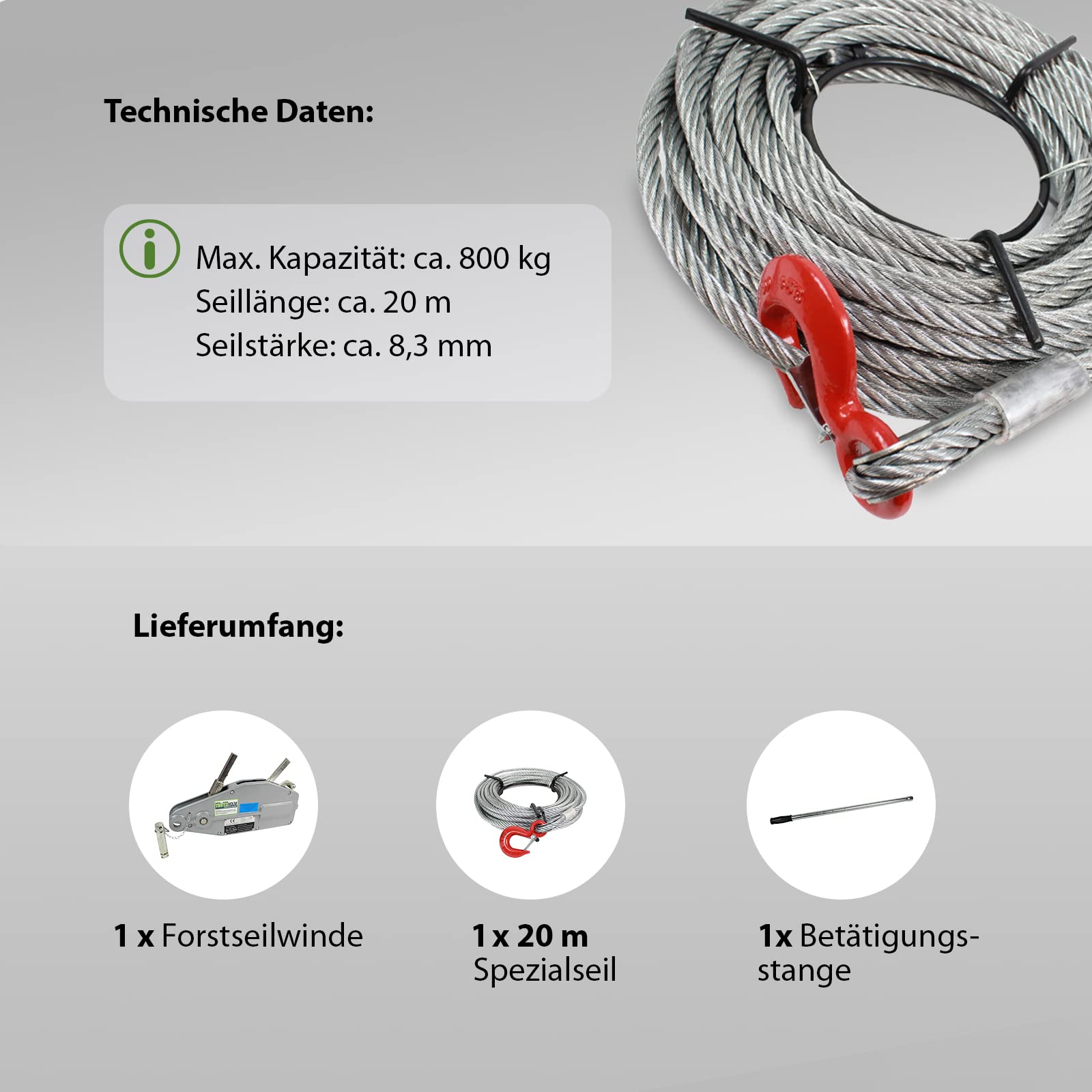 TRUTZHOLM Forstwinde Forstseilwinde mit 20 m Seil 800 kg Kapazität Seilzug Greifzug Seilwinde Offroad Winde