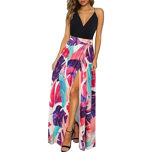 Newshows Women Summer 2025 Maxi Dress Vacation Floral Spaghetti Strap Spring Casual Boho Split Beach Long Flowy Sundress
